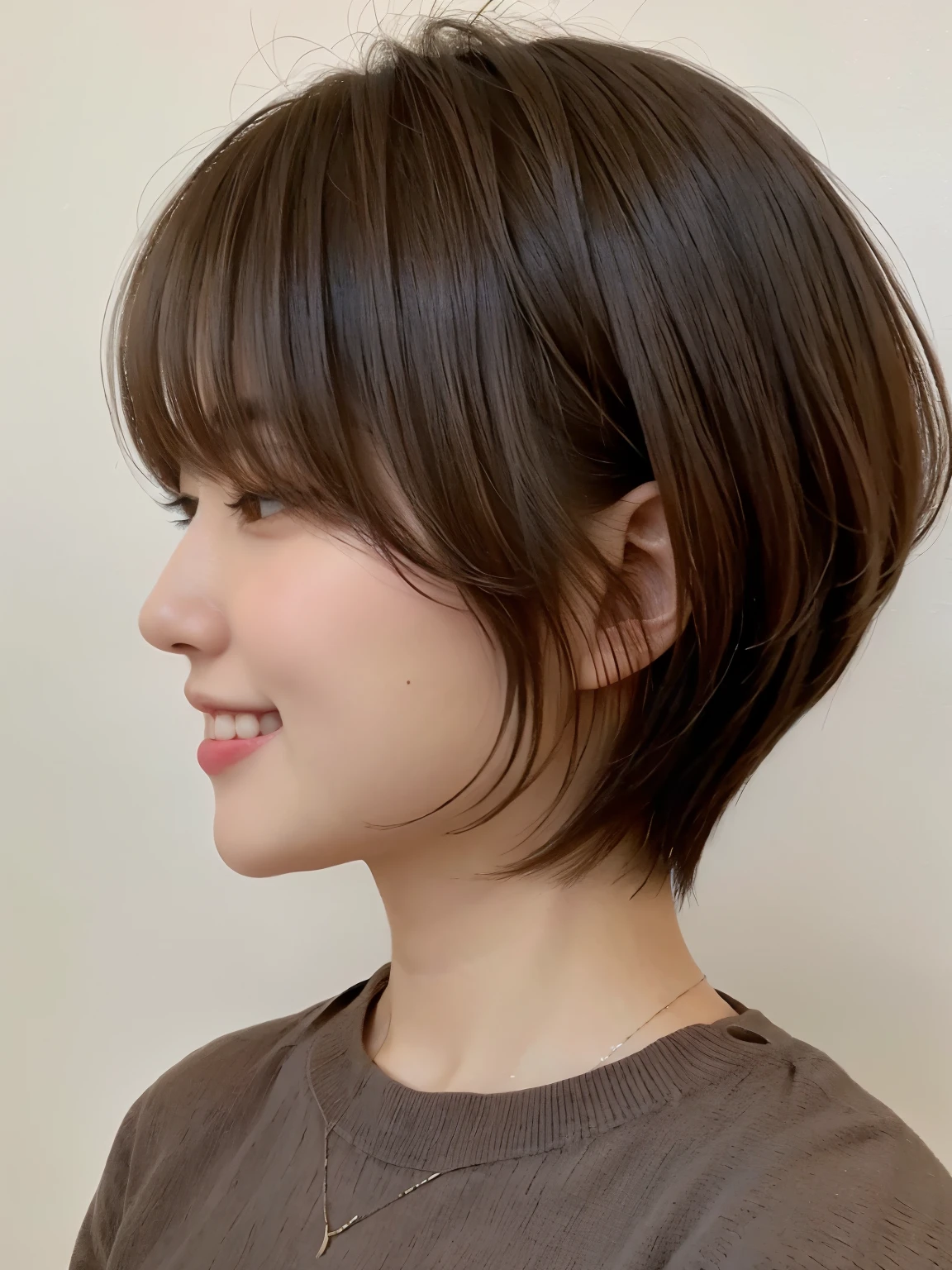 Concrete background、(8K、Raw photography、top-quality、masterpiece:1.2)、high-definition RAW color photography、professional photograpy、(realisitic、フォトrealisitic:1.37)、Shot in natural light、1girl in、A smile、(Poses variadas)、Crouch down、crouching down、BREAK (Ombre:1.3) 、Winter clothes、 Necklace、(Beautiful profile:1.3)、Don't look at the camera、profile、short-cut、((Brown hair)、short-hair、Eye color is dark brown、(Beautiful profile:1.3)、correct hand of human body、Depressed