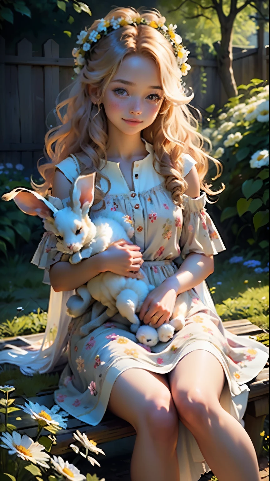 A girl holding a fluffy rabbit, surrounded by blooming flowers, in a vibrant and colorful garden. The girl has beautiful detailed eyes, a cute button nose, and pink lips with a gentle smile. The girl is wearing a flowy dress with a floral pattern, and her curly hair is adorned with a flower crown. The garden is filled with various flowers, including roses, tulips, and daisies, creating a picturesque scene. The sunlight shines through the trees, casting a warm and golden glow on the girl and the garden. The artwork is created using a combination of illustration and oil painting techniques. The details are ultra-detailed and realistic, capturing every petal and strand of hair with precision. The colors are vivid and vibrant, with a mix of pastel tones and bright hues. The overall atmosphere is dreamy and whimsical, evoking a sense of joy and tranquility.