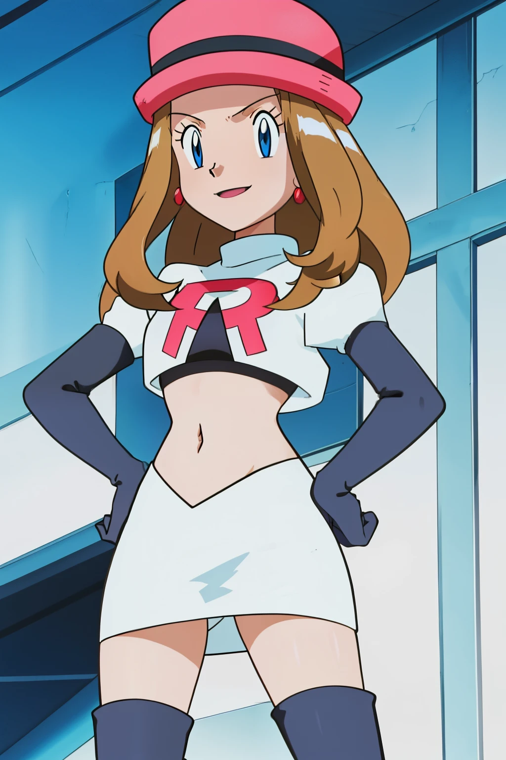 Serena (pokemon), blue eyes ,1girl, solo, hat, glossy lips, earrings ,team rocket uniform, red letter R, white skirt,white crop top, black thigh-high boots, black elbow gloves, evil smile , cowboy shot, hands on hips ,team rocket building in the background