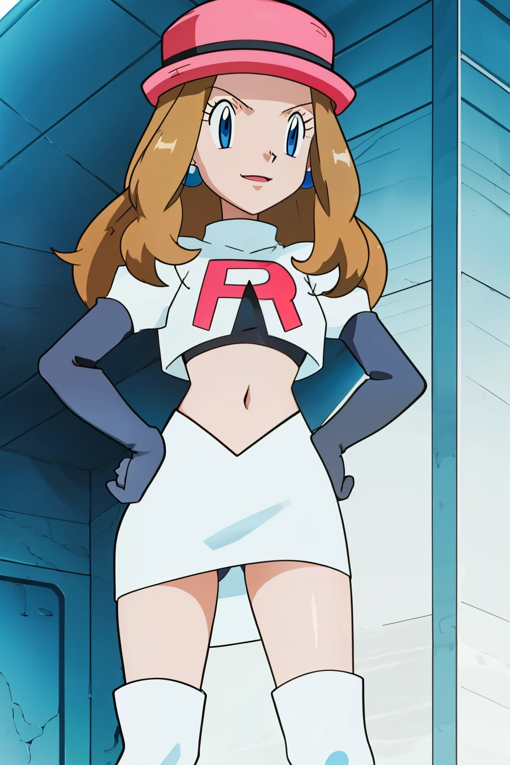 Serena (pokemon), blue eyes ,1girl, solo, hat, glossy lips, earrings ,team rocket uniform, red letter R, white skirt,white crop top, black thigh-high boots, black elbow gloves, evil smile , cowboy shot, hands on hips ,team rocket building in the background