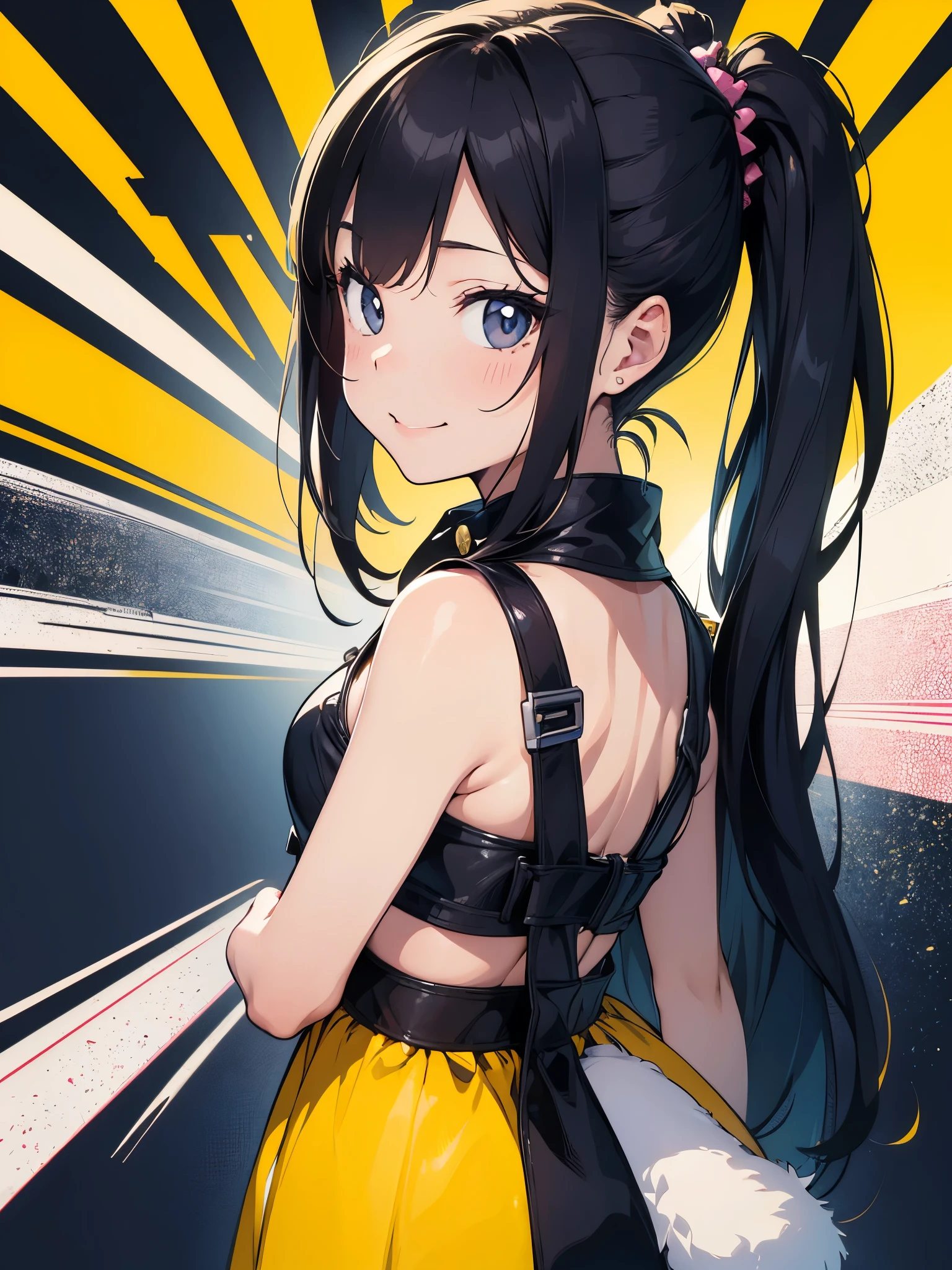 Create digital artwork in pop art style、Features a smiling bunny girl with detailed details、Turn、look at a camera、Street fashion、Movie color schemes、Surrounded by vintage rabbit motifs、Vivid brush strokes、Emotions must be dynamic、Upper body、Side、Drawing、Illustration、grayscales、Tropical、many rabbits、