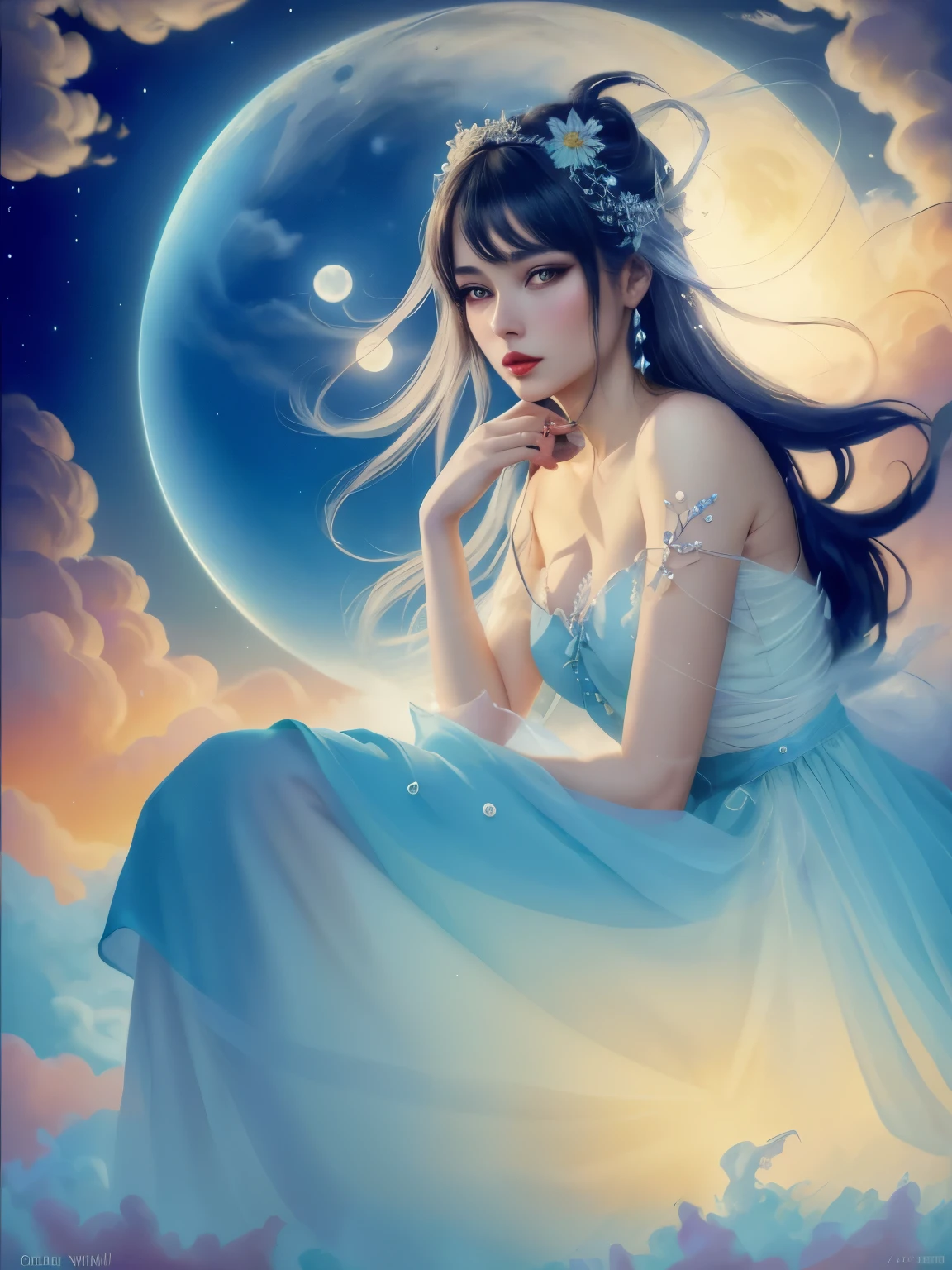 Island near, sky so clear, Moon for love, Fairy tear, dressed in white, pearl of the night, clouds swirl, swirling cloud above painting of a woman a Moon Fairy sitting on a cloud with a full moon in the background, mouth closed, cloud goddess, beautiful fantasy art, beautiful fantasy maiden, beautiful fantasy art portrait, very beautiful fantasy art, beautiful fantasy portrait, a beautiful fantasy empress, beautiful goddess, ((a beautiful fantasy empresy Yang J, fantasy art style, anime goddess, ! dream artgermMoon fairy, isometric shot inside a glass jar looking out, gossamer, blue chrysanthemum, nighttime, stardust. Fairytale, rococopunk, delicate studio artist model. Best quality, oil painting on canvas. Coby Whitmore, Ray Caesar, Lichtenstein, Fragonard, Van Gogh. Surrealism. Exquisitely detailed luminous portrait moon. Moon, clouds, waves, ocean, glow, bioluminescence. 18th century masterpiece, Vogue fashion illustration, delicate embroidery. Perfect red lips, Perfect face, delicate face, perfect eyes, detailed pupils. By Maya,Masterpiece