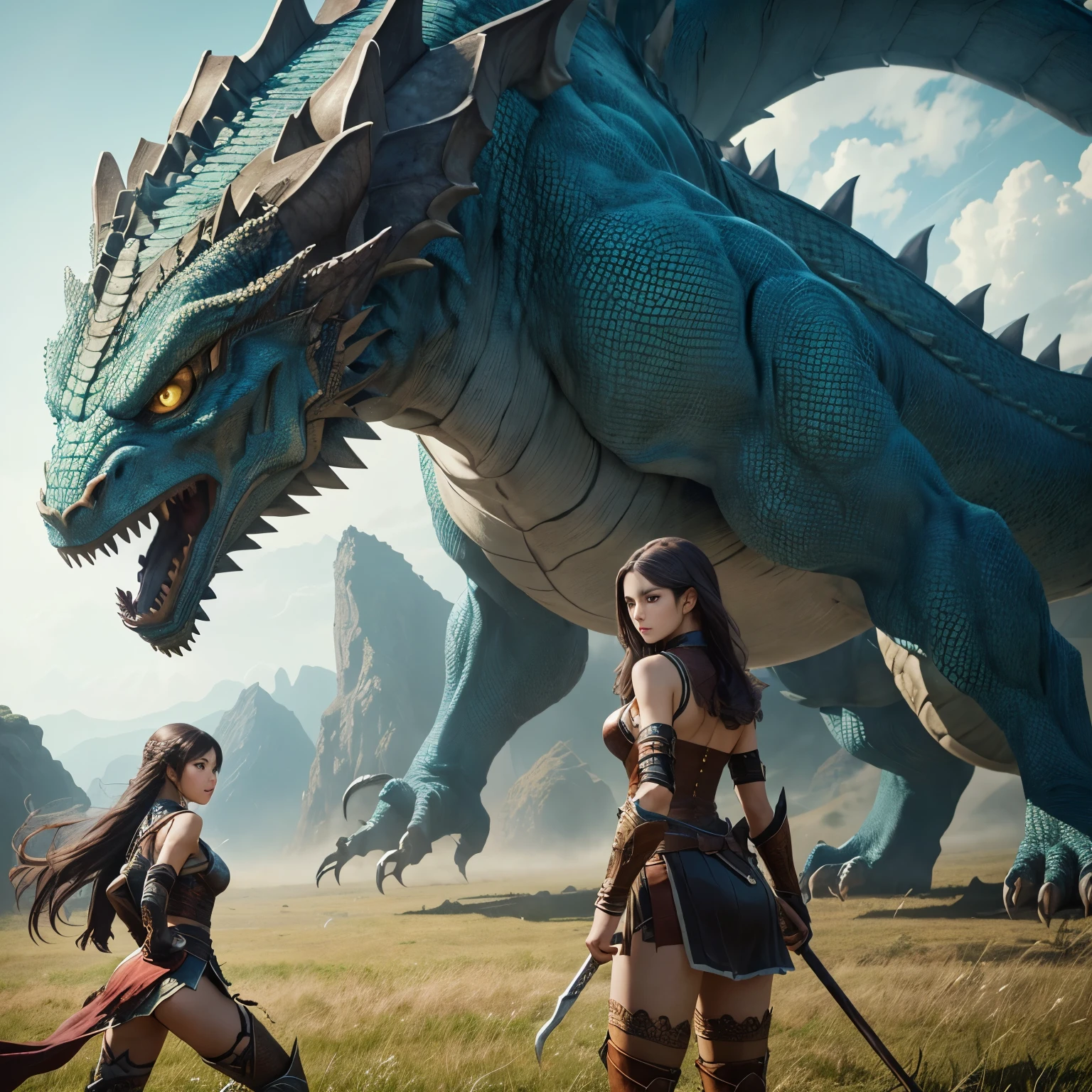 超A high resolution、An ultra-high picture quality、8K、Detailed details、marvelous expression、Beautiful slender woman、fight the dragon monster、Monster Hunter Character Costumes、Vast grassland background、