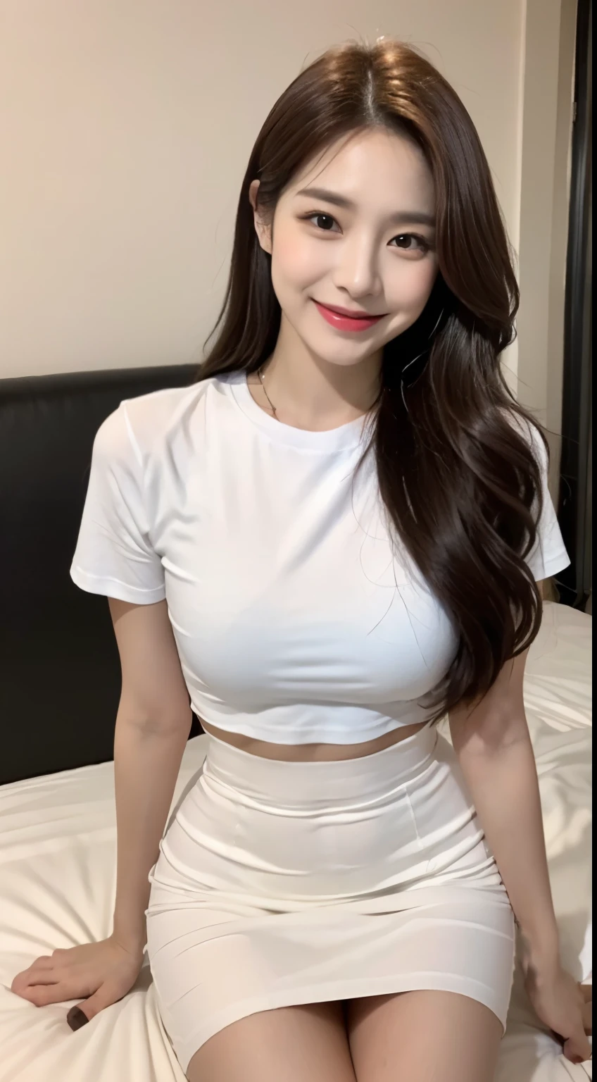White tight shirt、White tight mini skirt、a bed、a smile、shortsleeves、high-level image quality、Hallyu Idol Face
