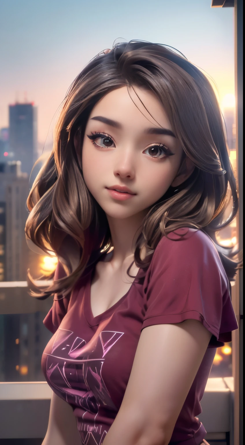 photo of Pokimane, RAW, beautiful woman, ((portrait)), ((detailed face:1.2)), ((detailed facial feature, detailed skin, clear skin), (perfect proportioned body), (wearing a tight v-neck cropped t-shirt, leggings) (high detailed city environment, apartment balcony), (realistic photo, best quality, detailed), (8k wallpaper), (cinematic lighting, dramatic lighting) (sharp focus, intricate)