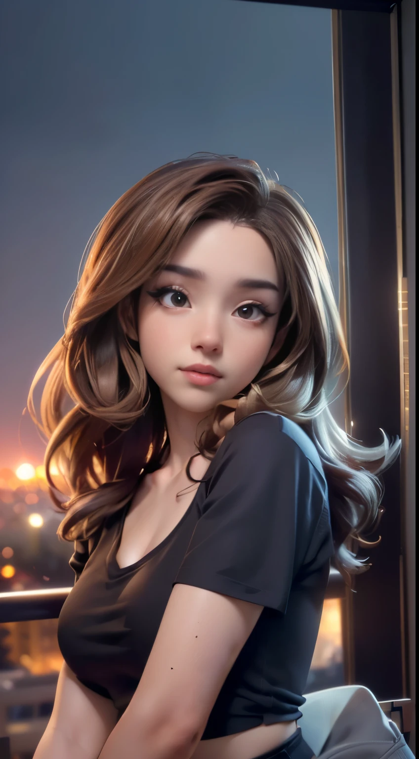 photo of Pokimane, RAW, beautiful woman, ((portrait)), ((detailed face:1.2)), ((detailed facial feature, detailed skin, clear skin), (perfect proportioned body), (wearing a tight v-neck cropped t-shirt, leggings) (high detailed city environment, apartment balcony), (realistic photo, best quality, detailed), (8k wallpaper), (cinematic lighting, dramatic lighting) (sharp focus, intricate)