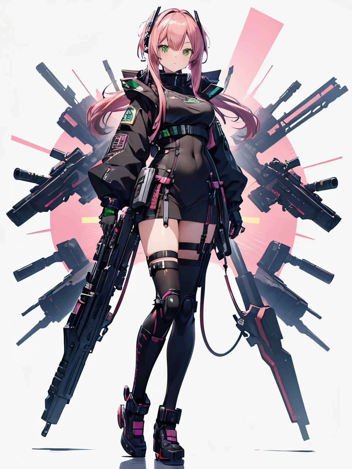 (masutepiece, Best Quality), Ultra-detailed, Anime style, Full body, cyber punk Girl, Gripping a high-tech rifle, Pink hair, Glowing green eyes, Wearing a magical girl costume , 8K High Resolution, trend artstation, White background, Standing in the wasteland, Whole body,