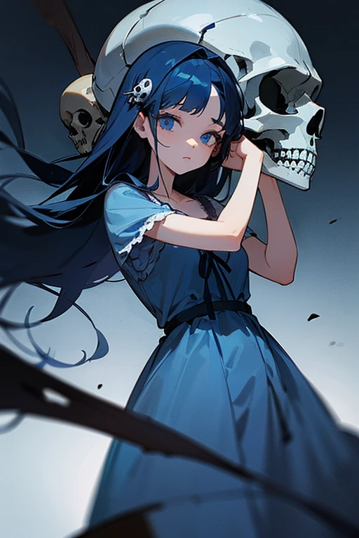 1girl, 18 years old, long dark blue hair, blue eyes, blue short nightgown, princess death, skull hair clip, drawing a skull.