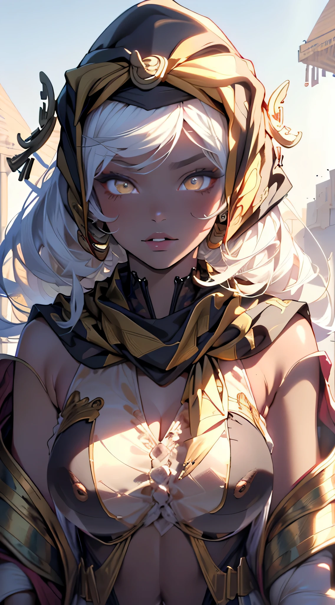 mikura, girl from ancient Egypt,1girl,
(large breasts:1.4),saggy breasts,((((straight hair, hair long,black hair:1.5,colored inner hair)))),(((yellow_eyes:1.3))),intricate eyes,beautiful detailed eyes,symmetrical eyes,big eyes:1.2,((((lustrous skin:1.5,tanned skin,bright skin: 1.5,skin tanned,shiny skin,very shiny skin,shiny body)))),(spider lower abdomen,narrow waist,wide hip,athletic body,inflated legs,thick thighs),(((detailed face))),beautiful detailed lips,
cute,slutty,,seductive,((erotic)),opulent,sumptuous,((nsfw)),
zettai ryouiki,revealing clothing,show skin,((silky golden skin)), fleshy lips, (((Egyptian headscarf:1.5))),jewelry and bracelets, with a gold and white plunging Egyptian garb,black canvaarefoot))),egyptian outfit,((eyeshadow, egyptian makeup,eyelid makeup)),((((ceremonial gold paint all over the body)))),(((Transparent cloth:1.1,wet clothes,intricate outfit,embroidered outfit,ornate outfit,embroidered clothes,ornate clothes))),
dynamic and seductive pose,looking at viewer,embarrassed,centered,scale to fit dimensions,Rule of thirds,
outdoors,(egyptian palace,egyptian palace background,pyramids in the background),scenery,(oasis,oasis background),extremely scenery,(puddles everywhere,moss,moss on the background),clouds,Egypt style,Egypt castle,lily pads,palms,reeds,(sunset, golden hour),
(Glossy Egyptian ornaments),(top-quality,8K,32K,masterpiece),high resolution,(Photorealistic:1.4),Ray tracing,Sun glare,depth of fields,By backlight effect,Add depth to your screen,(((vibrant colors,vibrant theme))),(intricate),(high contrast,photorealistic artwork:1.37),(best quality,4k,highres,masterpiece:1.2),ultra-detailed,(realistic,photorealistic,photo-realistic:1.37),professional,