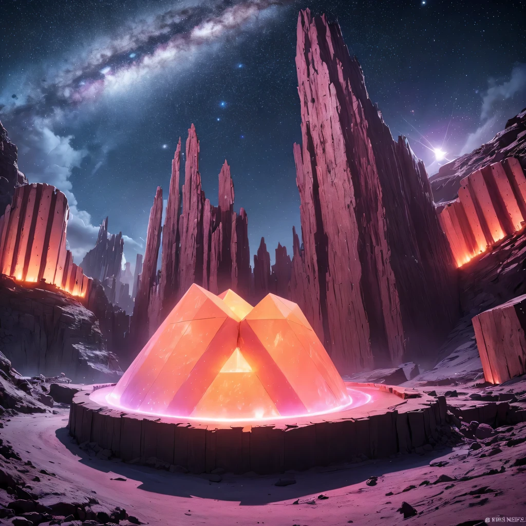 Strange photos of heavy metal planetary clouds, Electron microscopy photography, Tissue engineering, Infrared spectroscopy, Statistical mechanics, Dada Photo Montage, future proposals, Mark Caseley, quantum level ,Light orange style，Purple pink series，Alien Hexagonal Base (Nipples are very delicate) In a hexagonal mountain oasis，There are several hexagonal exhaust fans and chimneys, some neon lights project from the base，Light up the night), There are some clouds in the night sky, Some surrounding planets provide air to unknown planets，The most remote giant hexagonal volcano erupts，the rainforest