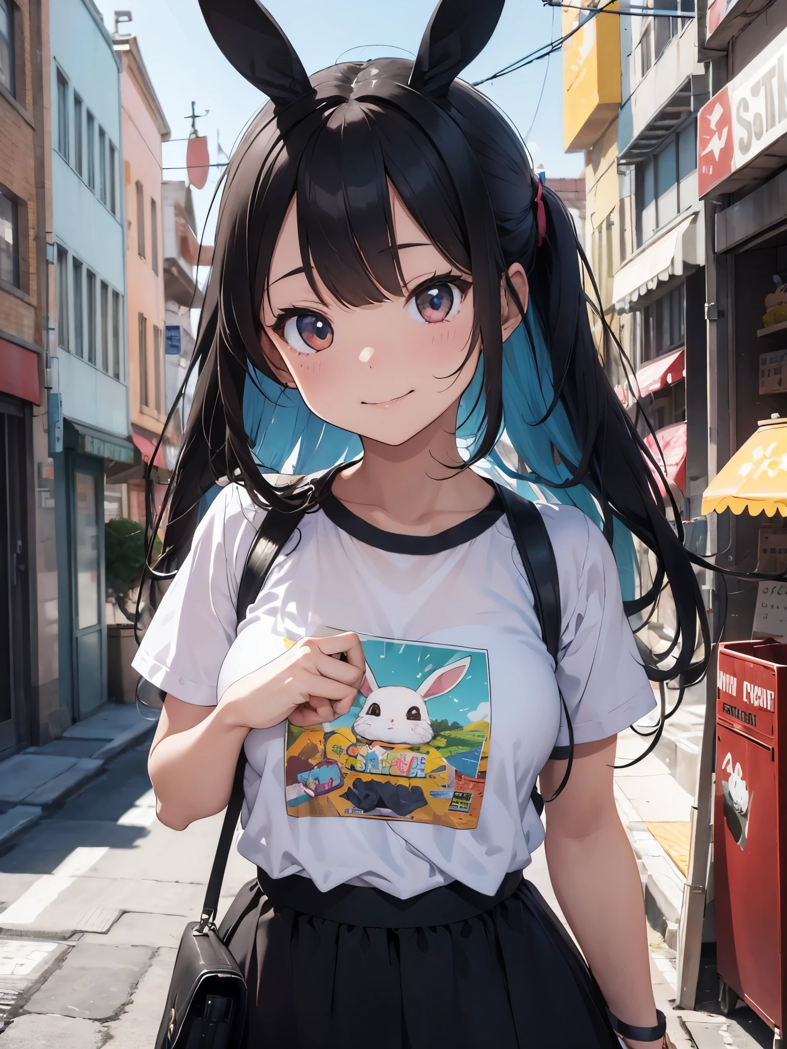 Create digital artwork in pop art style、Features a smiling bunny girl with detailed details、Turn、look at a camera、Street fashion、Movie color schemes、Surrounded by vintage rabbit motifs、Vivid brush strokes、Emotions must be dynamic、Upper body、Side、Drawing、Illustration、grayscales、Tropical、many rabbits、