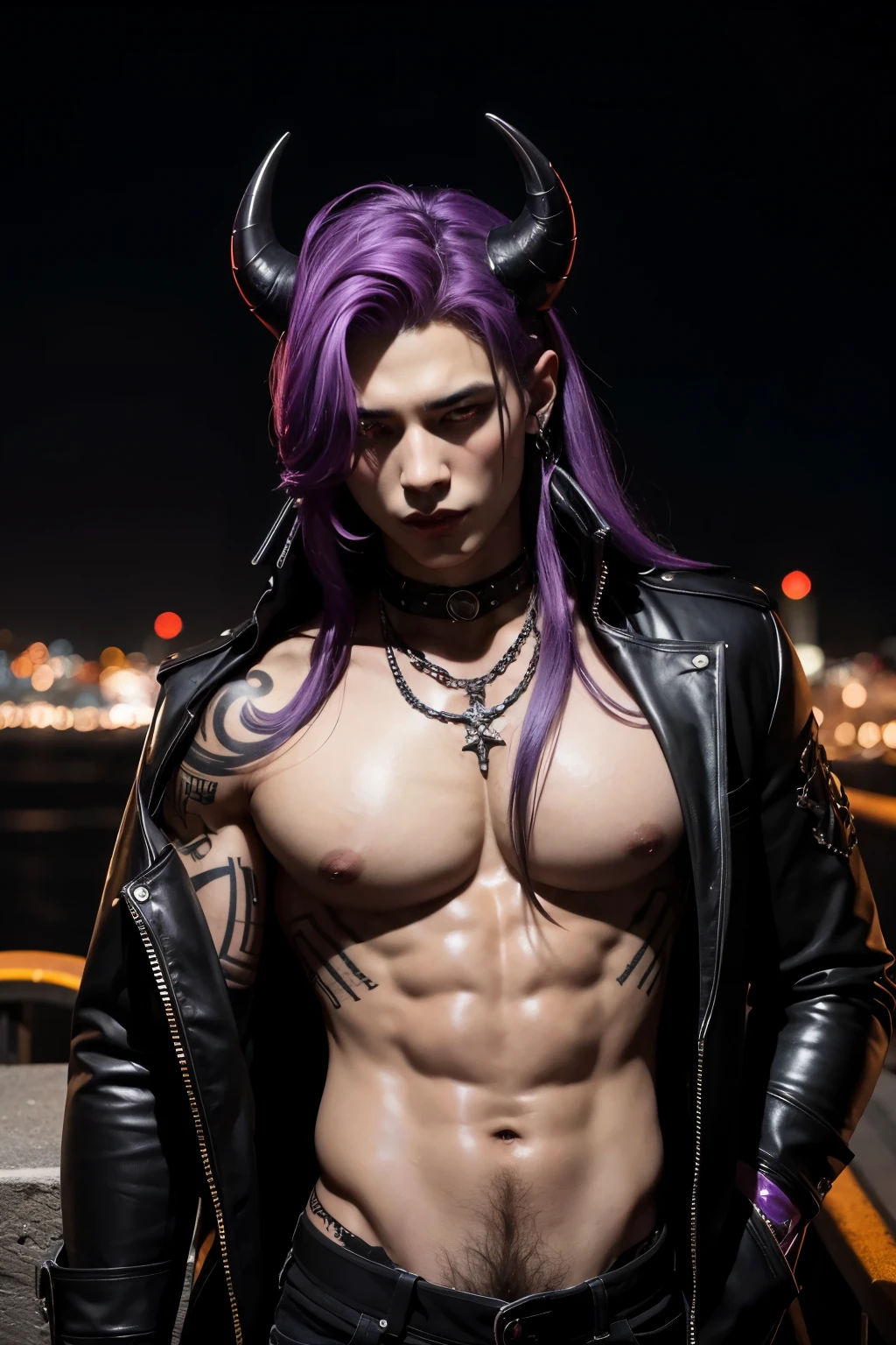 Handsome demon man, 18 years old, red skin, dark rock style, yellow eyes, bare chest, on a night  city background, tattoos of skulls, piercings on the nipples, purple hair, horns, gothic make up, long hair