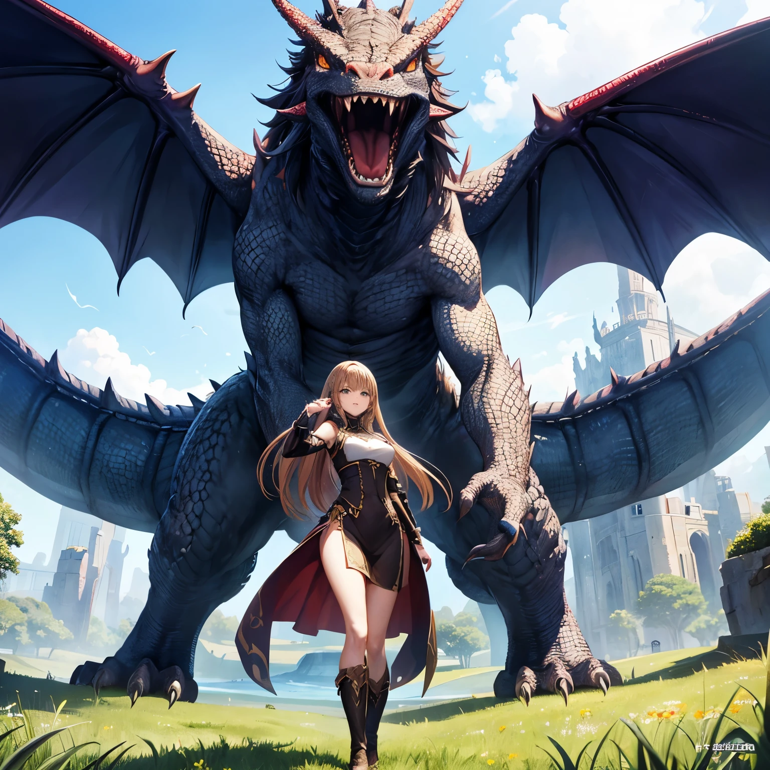 超A high resolution、An ultra-high picture quality、8K、Detailed details、marvelous expression、Beautiful slender woman、fight the dragon monster、Monster Hunter Character Costumes、Vast grassland background、