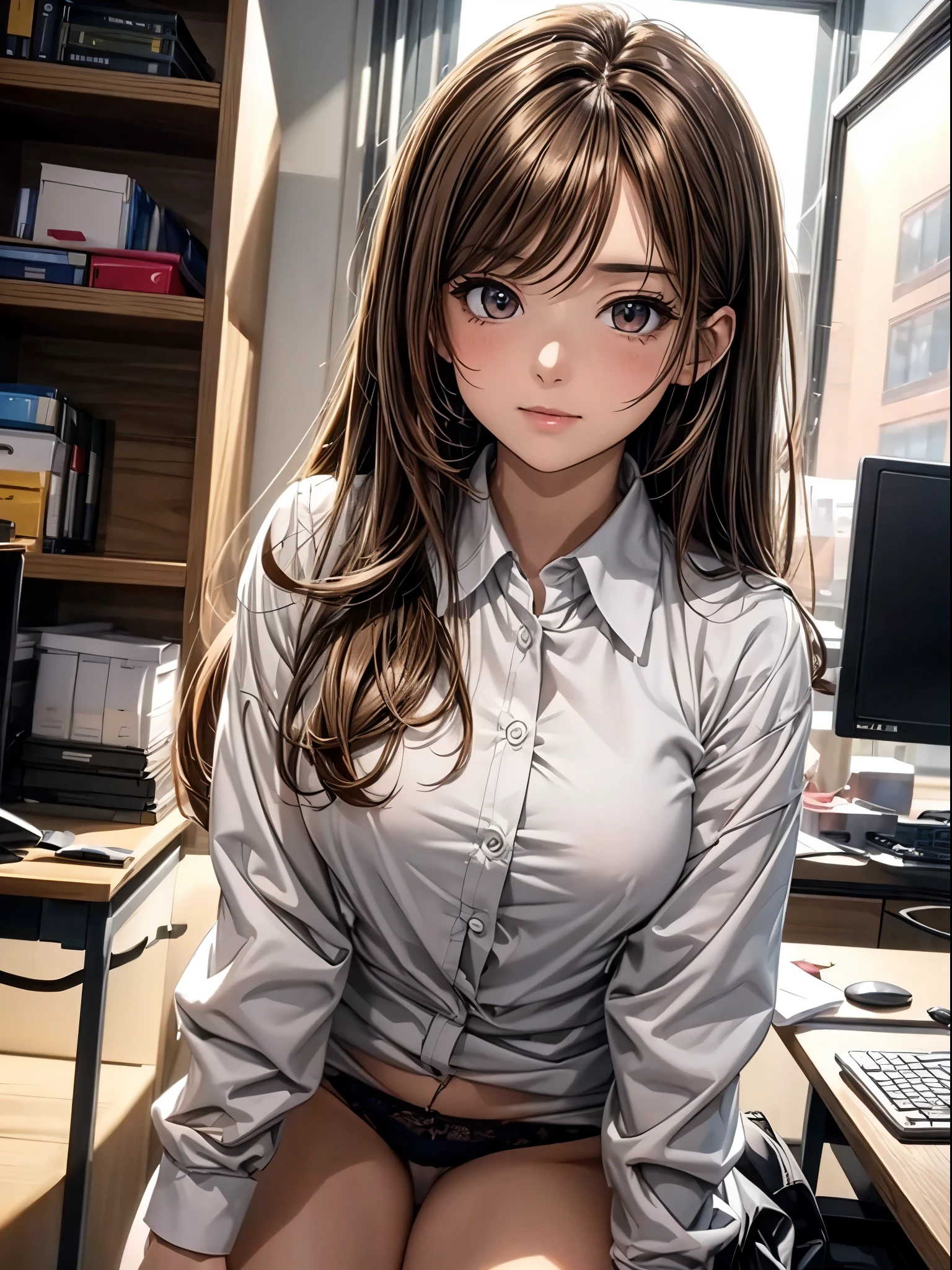 ((masterpiece)), ((best quality)), (ultra-detailed), ((extremely detailed)), 4K, (8K), best quality, (beautiful), anime style, full body, full body focus, office, a cute girl, 1girl, solo, (tareme),cute face, office lady suit, panties,beautiful light brown hair, beautiful brown eyes, ((beautiful eyes)), medium hair, ashamed, blush, shiny-glistening, gleaming, Professional Lighting