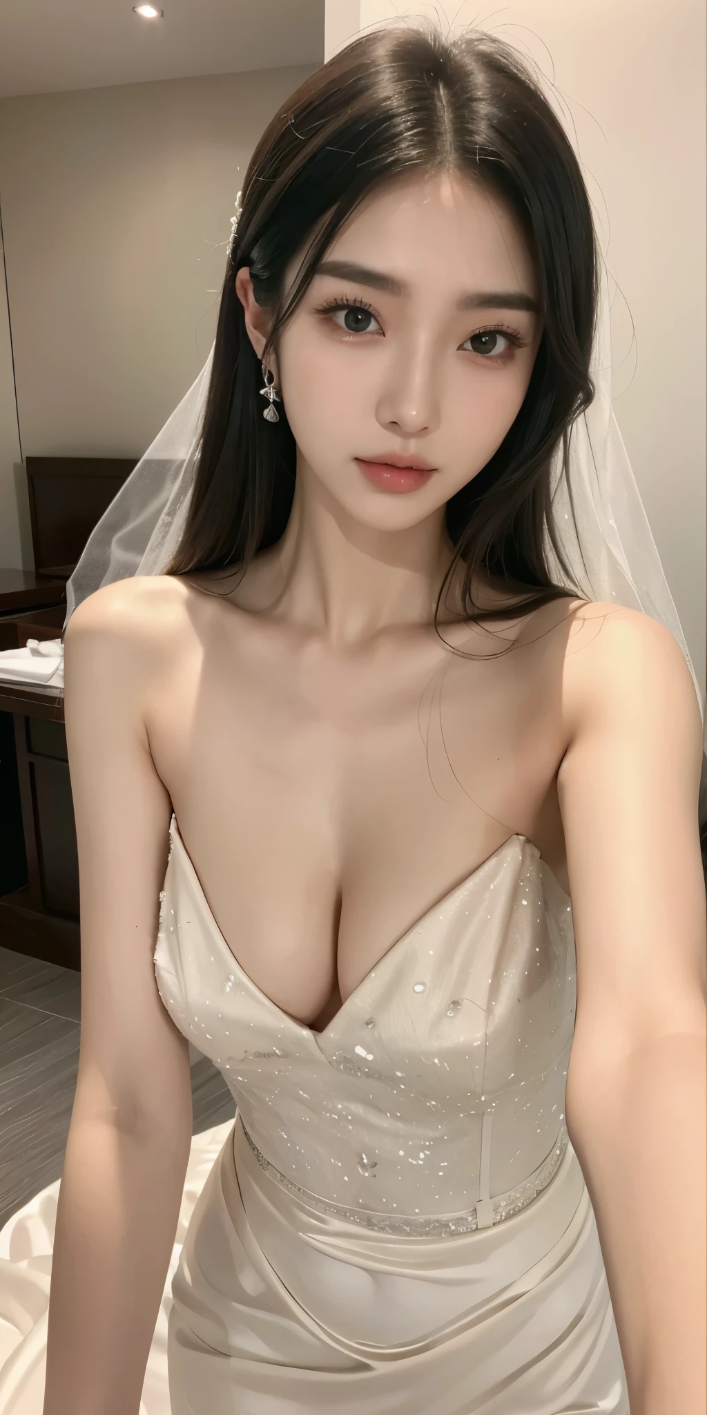 (Best quality, 8K, tmasterpiece, hyper HD: 1.3), (K-pop idol: 1.3), 1 , (: 1.2), (Long gray hair), Abs, perfect body figure, Ultra-fine face, Exquisite, pretty eyes, 二重まぶた, Hands are super thin, Ultra-thin fingers, ((Korean wedding dress)),开衫Elegant , detailed , Elegant , Luxury hotel 5 star,,