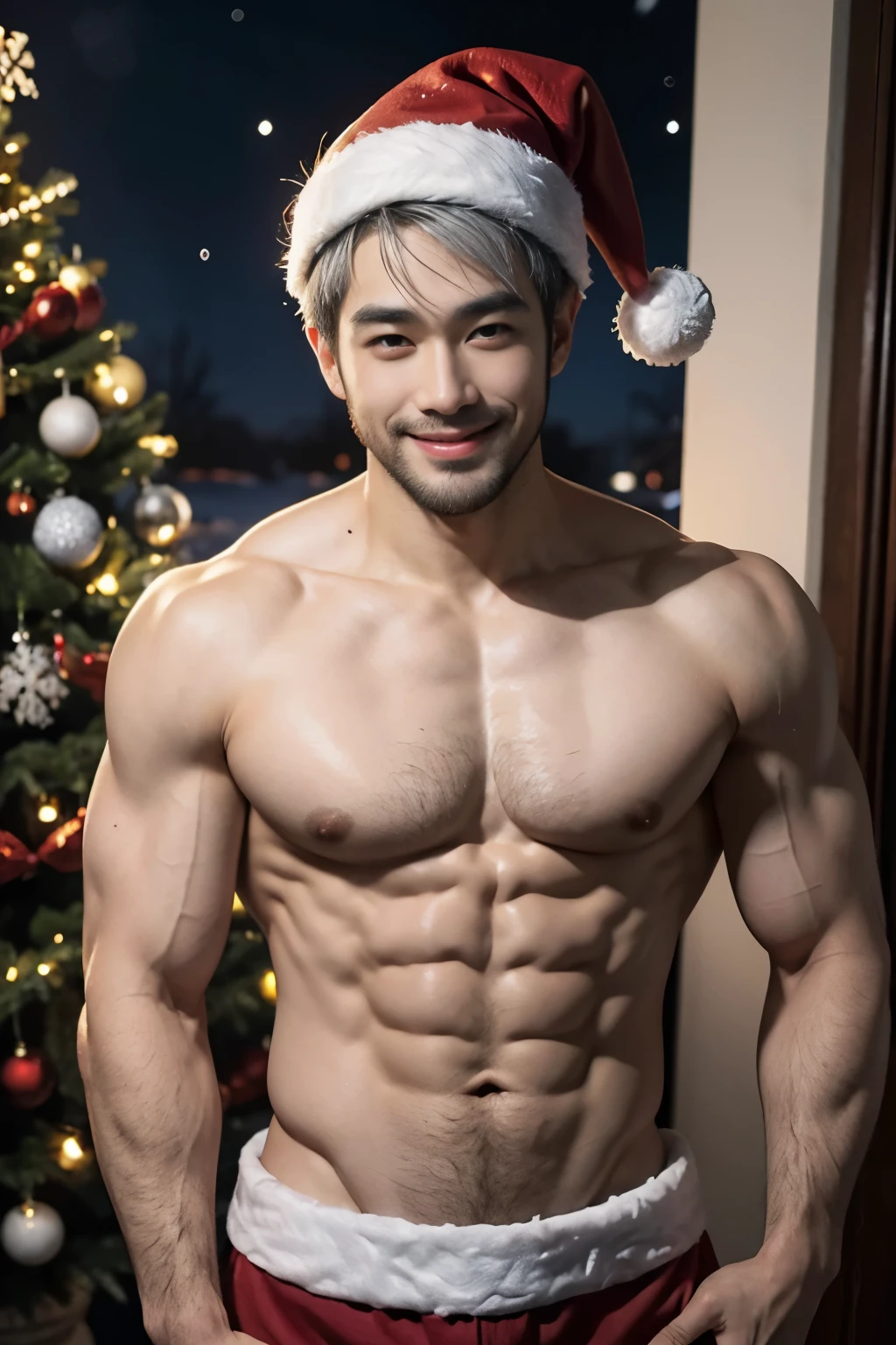 Young man,asian, cute ,smiling, handsome, muscular, Santa claus style, silver hair, santa's hat, abs, shirtless, short beard, hot, red Brief, bulging , full body, night, snowy, snowman, christmas tree, gifts