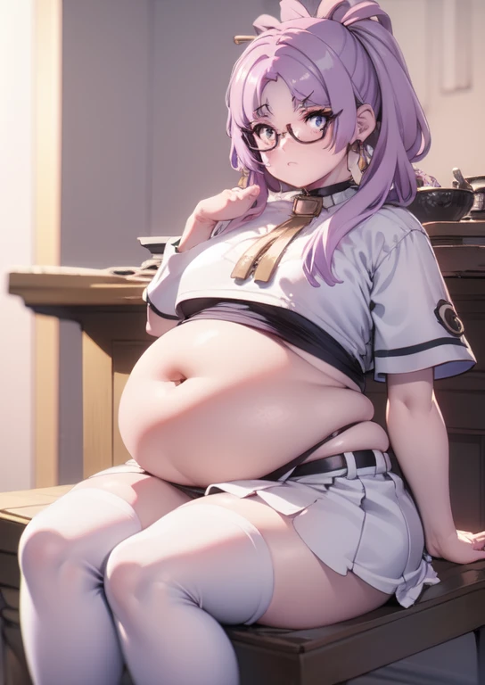 (masterpiece, best quality), 1girls, big belly, blurry background, huge belly, art by kipteitei, round belly, chubby, curvy, white button-up shirt, skirt, thighhighs, simple_background, gradient_background, belly bursting out of shirt, belly grab, enormous belly, fat belly, thicc, bigger belly, sitting on chair, really big belly, jiggly belly, shirt covering belly, belly cover by shirt, glasses