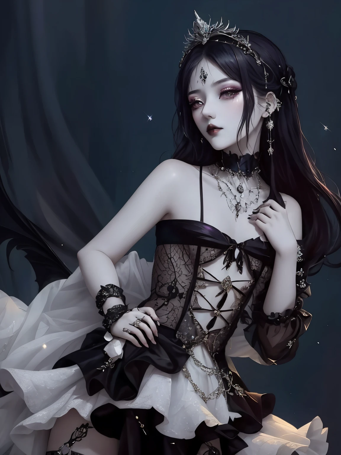 exquisite facial features,There is a woman wearing a skirt and a tiara, Elegant Gothic princess, Inspired by Shen Si Zheng, Gloomy style, Gothic girl, Gothic girl anime girl, Gothic aesthetics, Gothic billionaire, elegant cinematic pose, Fair skin, beautiful elegant demon queen, Brutal Korean Goth Girl, goth aesthetic, Fantasy costumes, porcelain white skin
