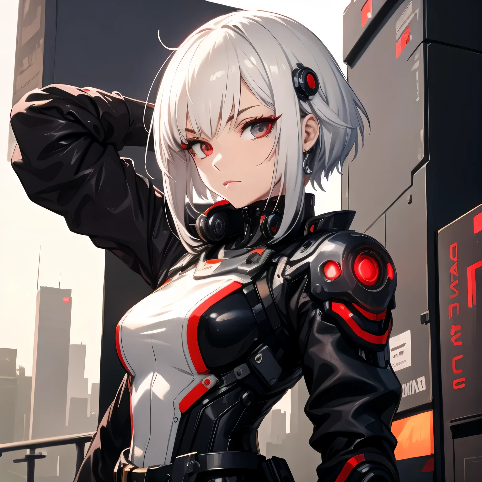 personagem de anime com cabelos brancos e olhos vermelhos em frente a uma cidade, cyberpunk menina anime mech, menina em mecha cyber armor, Ciborgue - Menina com cabelo prateado, Anime Ciborgue, menina ciborgue bonito, perfect Anime Ciborgue woman, female mecha, arte digital do anime cyberpunk, Melhor Anime 4K Konachan Wallpaper, menina de anime cyberpunk feminino