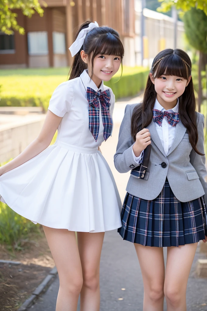 Top quality, high image, 1 woman, 18 years old, school stairs, navy jacket, Medium breasts,white blouse,(plaid miniskirt), cotton panties,upskirt,from below1.3、Smiling beautiful girl、17 years old、Crouched down, looking at me、Checkered pleated skirt、Sit with your buttocks down、loafers、Knee-high socks、Ponytail sitting on stairs