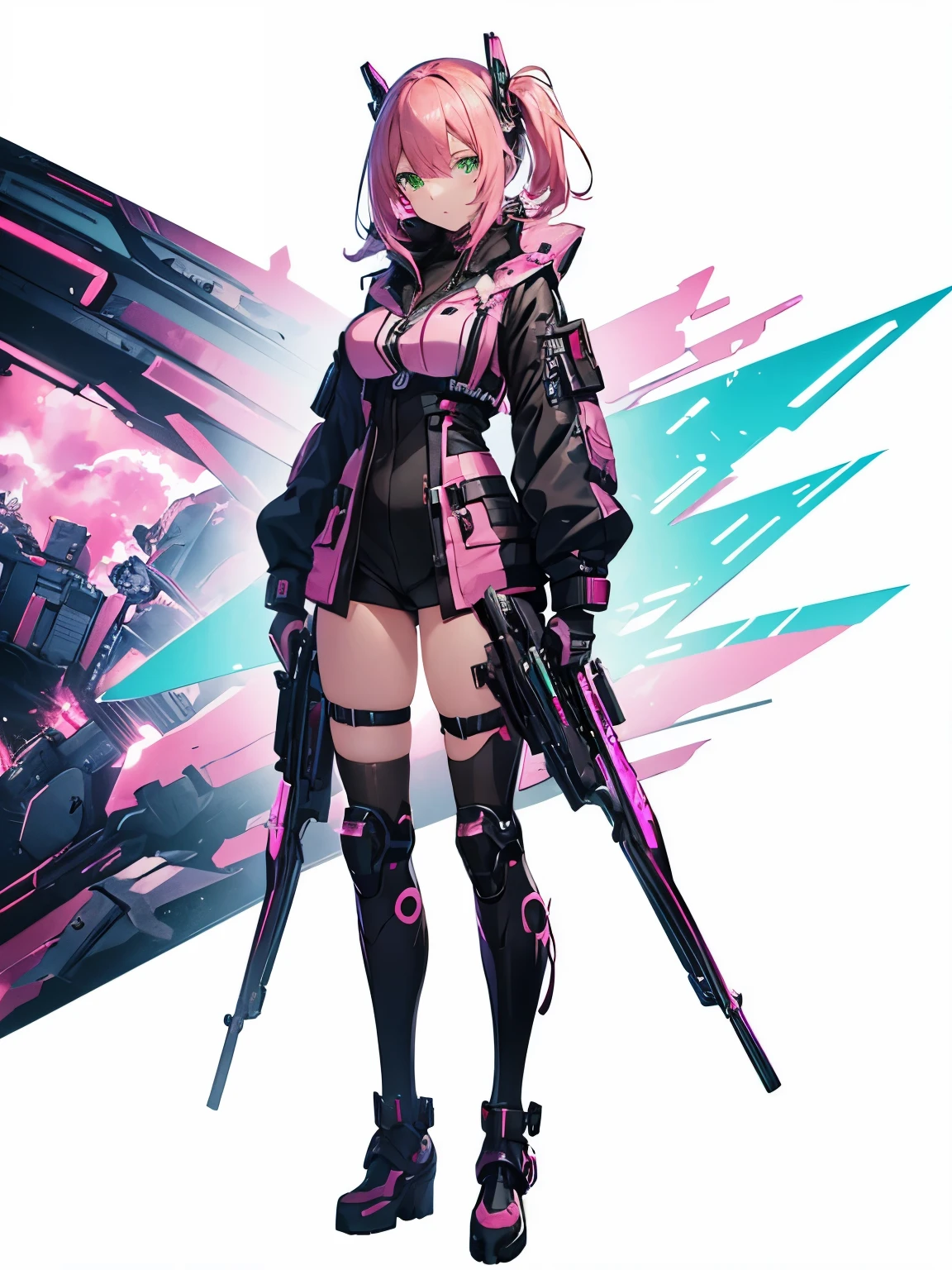 (masutepiece, Best Quality), Ultra-detailed, Anime style, Full body, cyber punk Girl, Gripping a high-tech rifle, Pink hair, Glowing green eyes, Wearing a magical girl costume , 8K High Resolution, trend artstation, White background, Standing in the wasteland, Whole body,