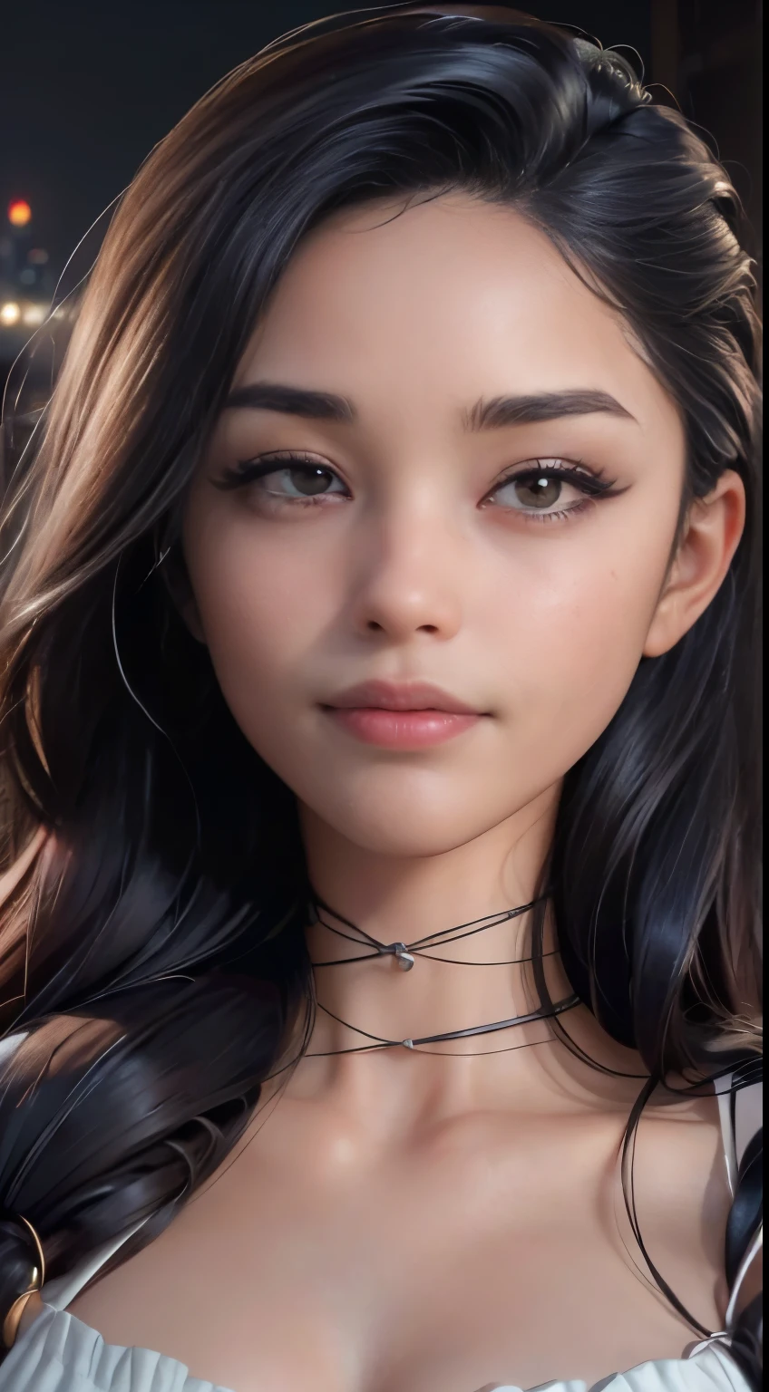 photo of Valkyrae, RAW, beautiful woman, ((portrait)), ((detailed face:1.2)), ((detailed facial feature, detailed skin, clear skin), (perfect proportioned body), (wearing a dark babydoll dress) (high detailed city environment, apartment balcony), (realistic photo, best quality, detailed), (8k wallpaper), (cinematic lighting, dramatic lighting) (sharp focus, intricate)