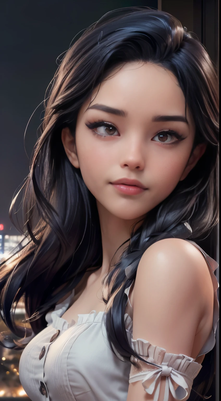 photo of Valkyrae, RAW, beautiful woman, ((portrait)), ((detailed face:1.2)), ((detailed facial feature, detailed skin, clear skin), (perfect proportioned body), (wearing a dark babydoll dress) (high detailed city environment, apartment balcony), (realistic photo, best quality, detailed), (8k wallpaper), (cinematic lighting, dramatic lighting) (sharp focus, intricate)