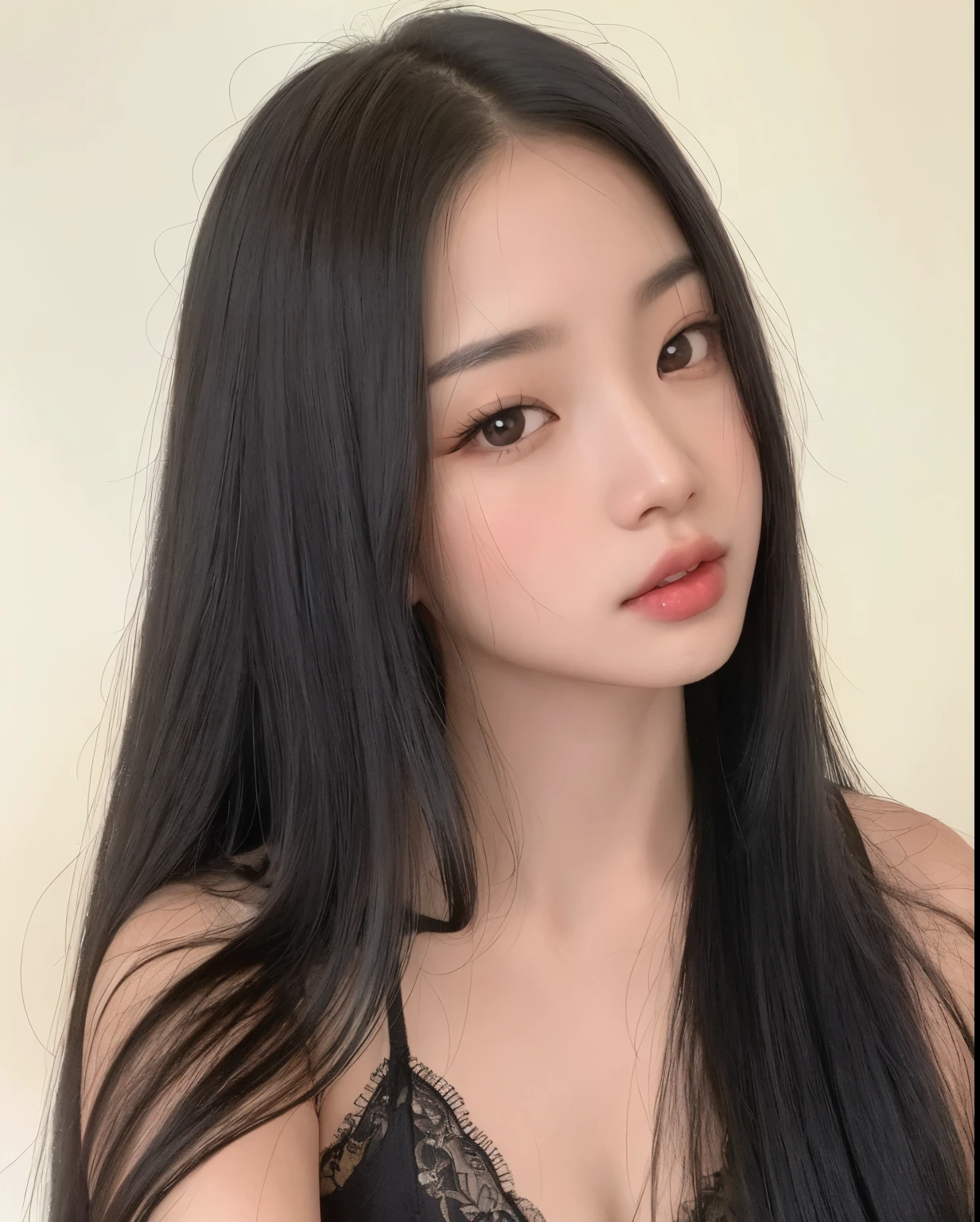 A closeup of a woman with long black hair wearing a bra, asian features, linda mulher coreana jovem, menina coreana, Mulher sul-coreana bonita, beautiful Asian girl, Asian face, 18 anos, jennie blackpink, mulher coreana jovem bonita, Asian girl, korean symmetrical face, asian beautiful face, Asian girl with long hair, korean face features