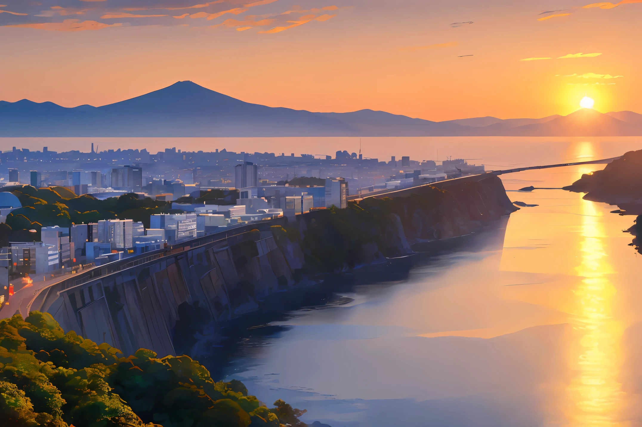 ((masterpiece, best quality, ultra detailed, very fine 8KCG wallpapers, absurdres, highres, high resolution)), landscape painting, Yokohama, bay shore, shore of Yokohama bay, Fuji mountain in the distance, first sunrise, sunrise sky, the morning sun illuminating the horizon,