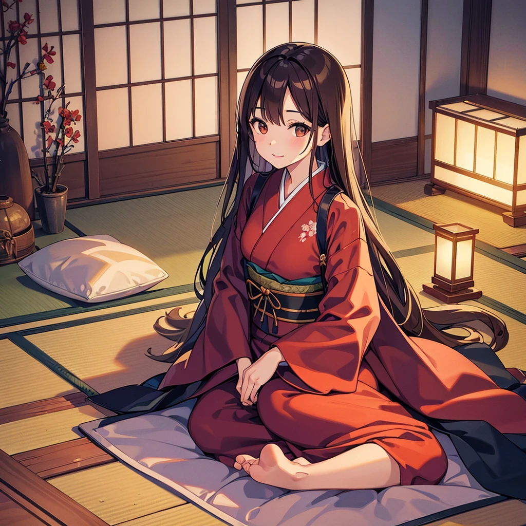 hightquality, hight resolution, real anime sketch style, warm main color, Overhead Camera Angle, Exposing only the stomach and navel, Facing forward, Beautiful woman, warm indirect lighting, New Year'preparation tools, Nationality unknown, sitting in a traditional room, calm sitting pose, Beautiful facial features, A face with a gentle smile, A neat kimono with only the navel visible、length hair, Brown hair, Detailed eyes, A calm expression on the lips, Brown eyes, Bust of appropriate size and texture, infp young woman, Slim body type, Subtle sensuality, No accessories, new year decoration tools, Barefoot, There are animals and pets around, Warm Japanese room, Tatami background, fireplace lighting, Traditional architecture of Japan, Snowy landscape from the window, Sunny weather in winter, Daytime, Calm and warm atmosphere, (The background is rich and delicate)
