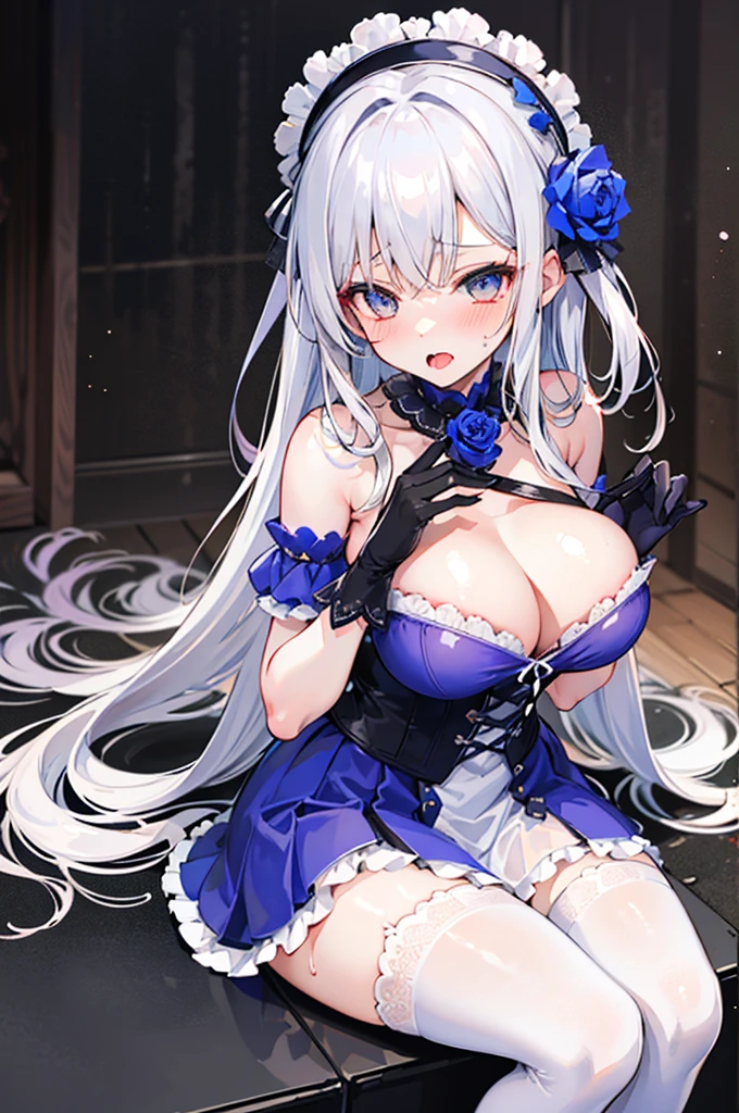 Perfect human body，1 girl，sliver long hair，rose hair ornament，鎖骨，Gorgeous lolita dresow knot，Lace gloves，semi transparent，(white stockings)，((woman with fever)), ((perspiring,steamy))), Colossal tits，((The expression of color)), open open mouth，Stick out your tongue，(Blushlush:1.2), sitting in gift box，