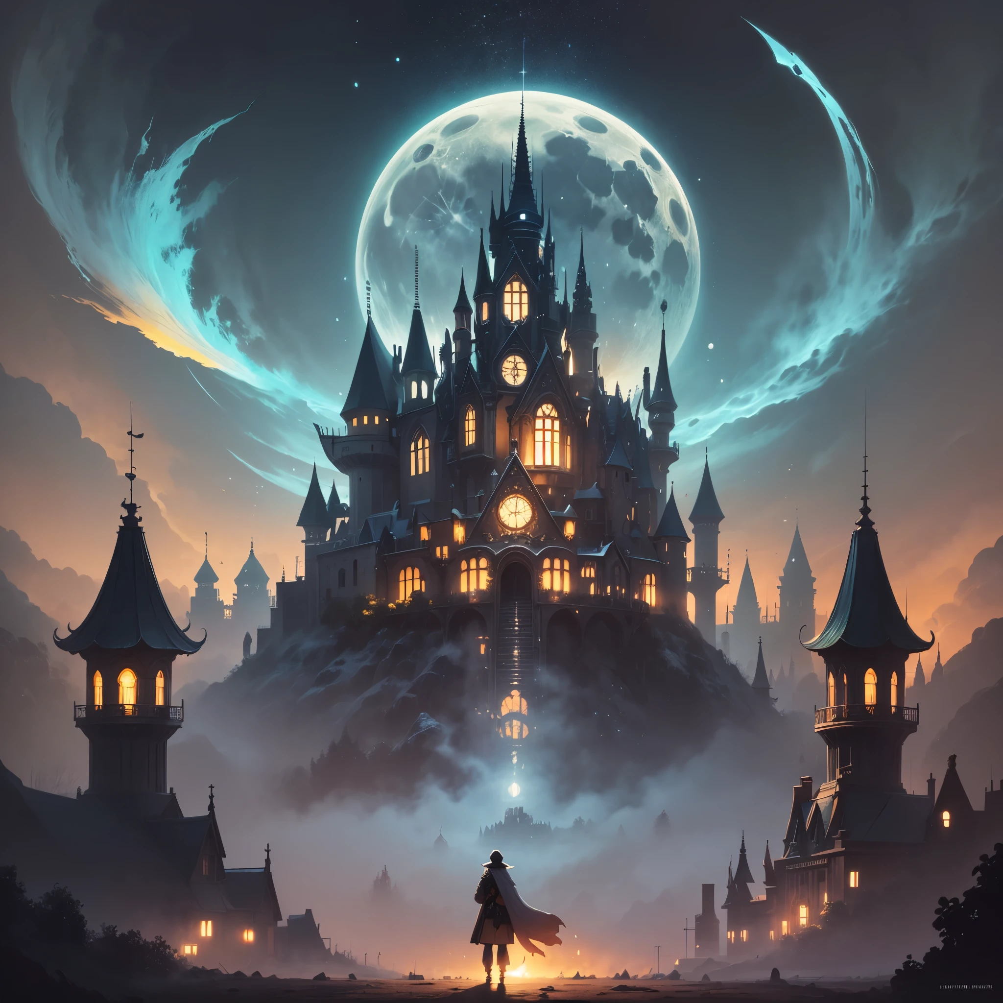 Lost land of otherworldly dreams, fantasy, magic, ink, acrylic, double exposure, mythological, best quality, night, moon, fog, gloomy, Van Gogh, Craola, Dan Mumford, Andy Kehoe, Miyazaki, patchwork, 2d, flat, cute, adorable, vintage, art on a cracked , , . storybook detailed illustration, cinematic, ultra highly detailed, tiny details, beautiful details, mystical, luminism, vibrant colors, complex background --auto --s2