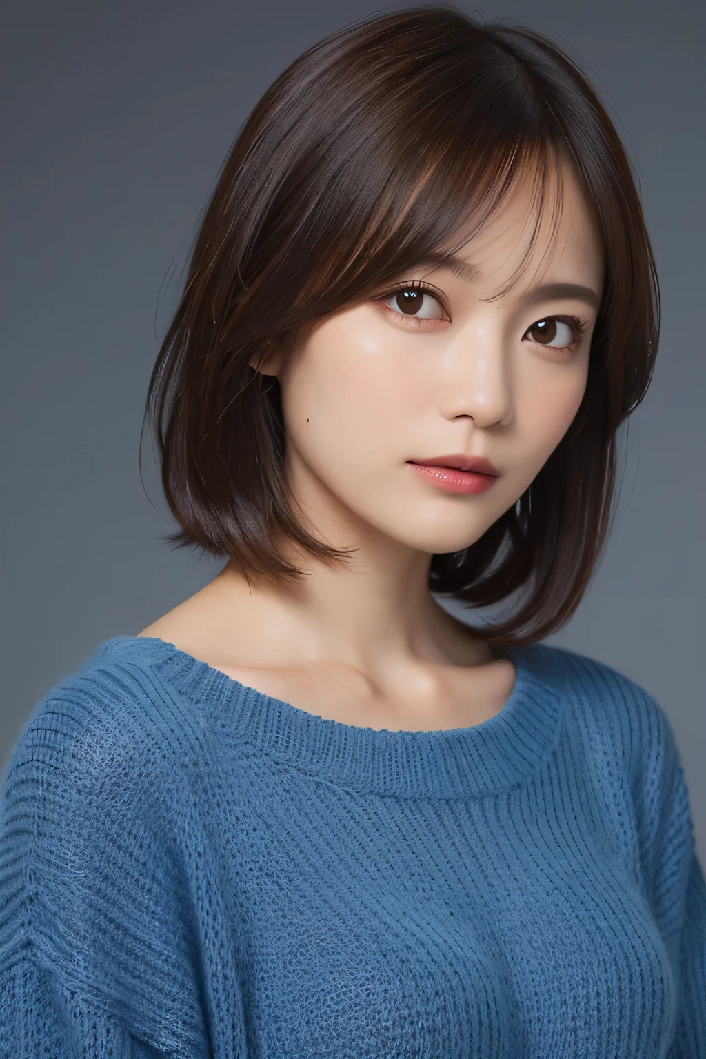 masutepiece, Best Quality, (1womanl), Ultra-detailed, finely detail, hight resolution, 8K picture quality, Perfect dynamic composition, Beautiful detailed eyes, Natural Lip, Dark blue knitted dress, extra very short hair, Abstract