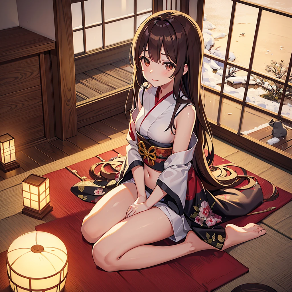 hightquality, hight resolution, real anime sketch style, warm main color, Overhead Camera Angle, Exposing only the stomach and navel, Facing forward, Beautiful woman, warm indirect lighting, New Year'preparation tools, Nationality unknown, sitting in a traditional room, calm sitting pose, Beautiful facial features, A face with a gentle smile, A neat kimono with only the navel visible、length hair, Brown hair, Detailed eyes, A calm expression on the lips, Brown eyes, Bust of appropriate size and texture, infp young woman, Slim body type, Subtle sensuality, No accessories, new year decoration tools, Barefoot, There are animals and pets around, Warm Japanese room, Tatami background, fireplace lighting, Traditional architecture of Japan, Snowy landscape from the window, Sunny weather in winter, Daytime, Calm and warm atmosphere, (The background is rich and delicate)