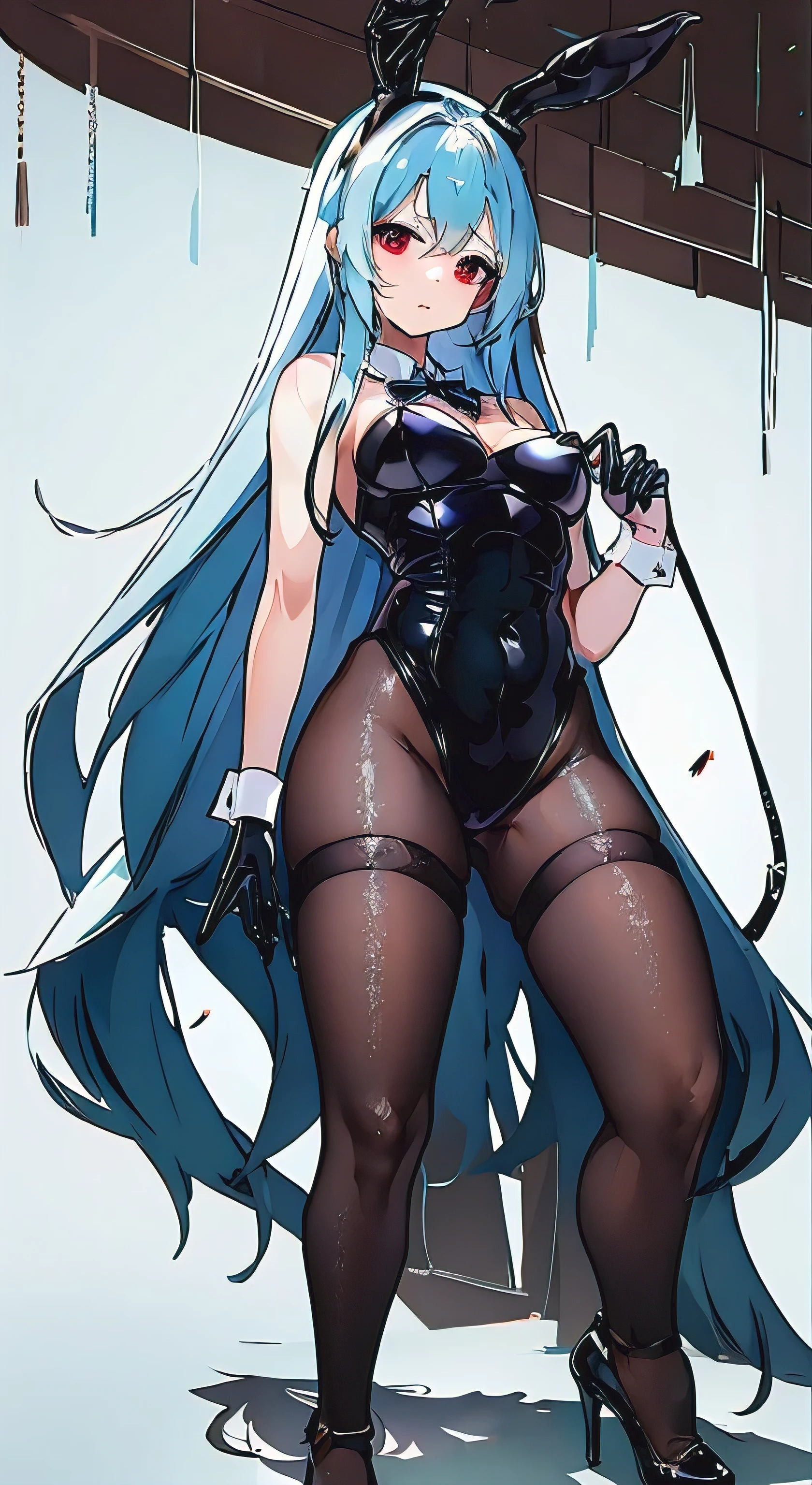 bunnygirl（Indigo Leotard：1.2）long dark blue hair、Red Eyes/indigo blue high heels、 Long Globe（Enamel）、pantyhose、Blue bow tie、masutepiece: 1.2, Best Quality) Best Quality,