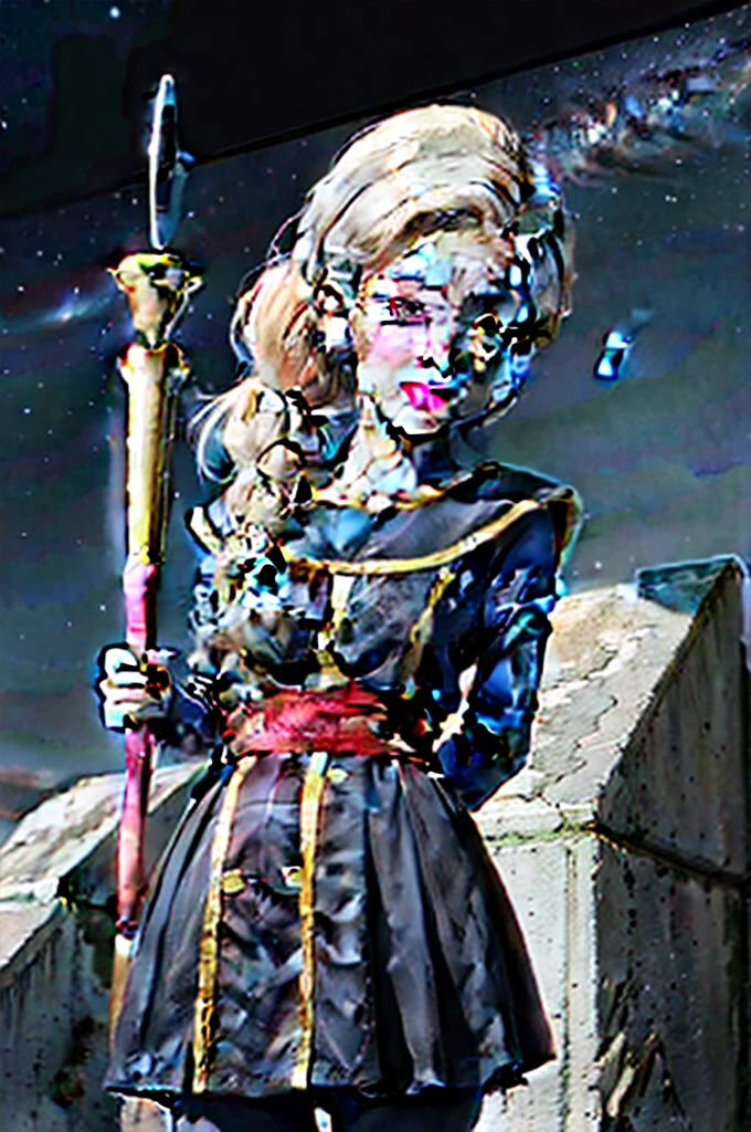 (extremely detailed CG unity 4k wallpaper),(masterpiece),(best quality),(ultra-detailed),(best illustration),(best shadow),(absurdres),(detailed background), Kusu (Angel of Universe 10), 1girl, braid, blue skin, solo, staff, colored skin, purple eyes, arm behind back, white hair, long hair, single braid, star (sky) dragon ball super