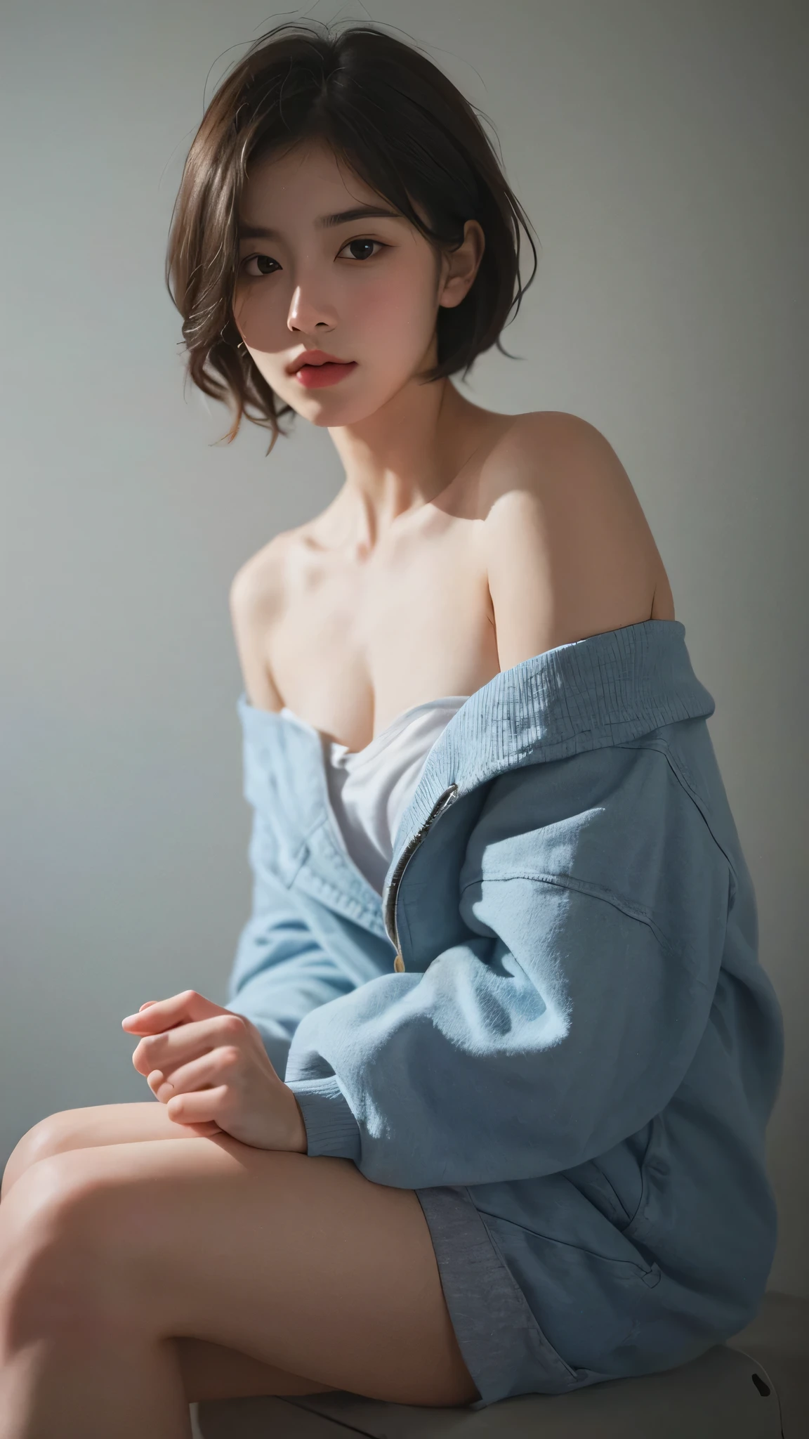 Best quality, masterpiece, ultra high res, (photorealistic:1.5), raw photo, 1girl, offshoulder, in the dark, deep shadow, low key, cold light, sexy look, short hair