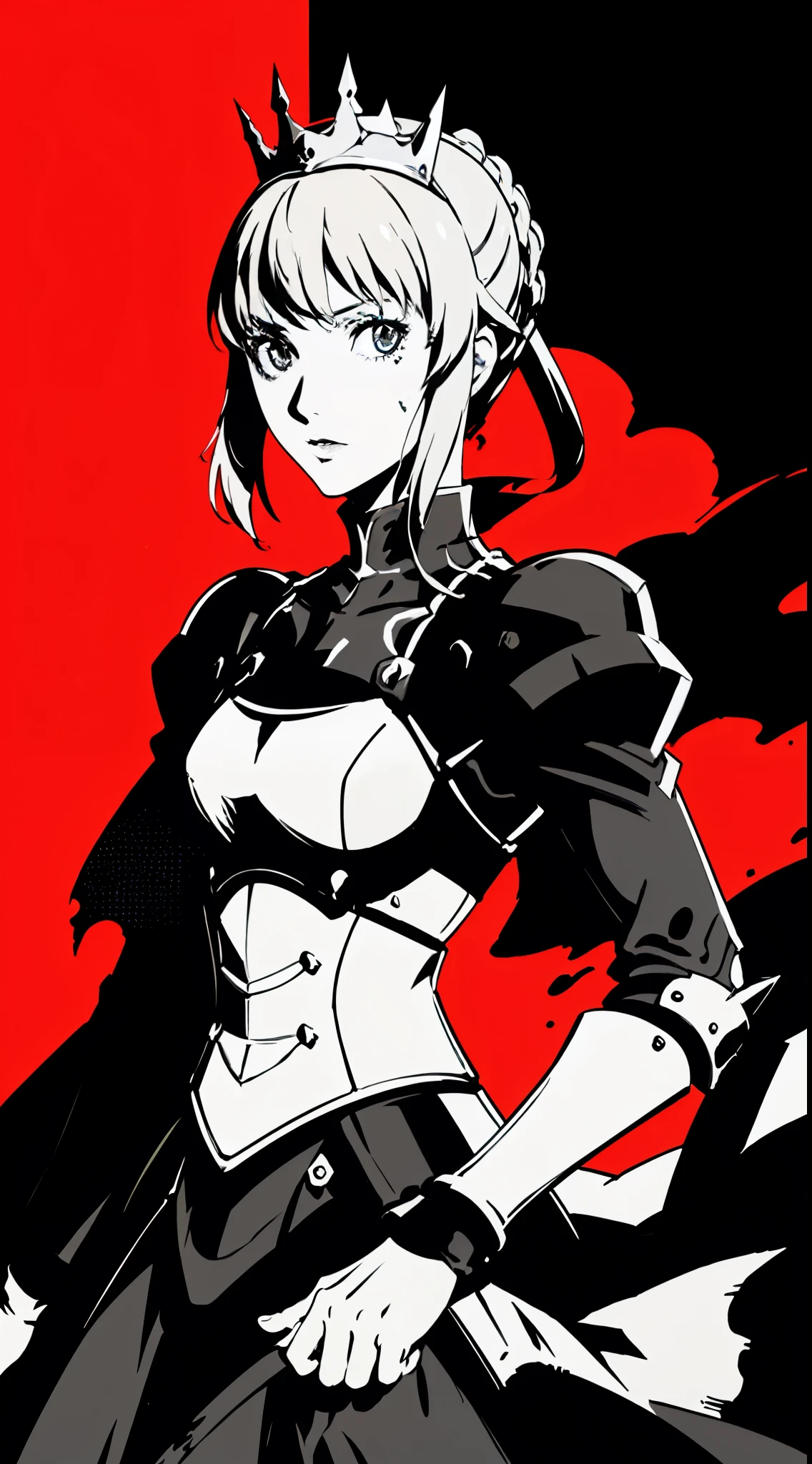 1girl, artoria Pendragon, saber, armor, after war, bruise, crown, solo, red background, black background, black hair, monochrome, upper body, looking at viewer