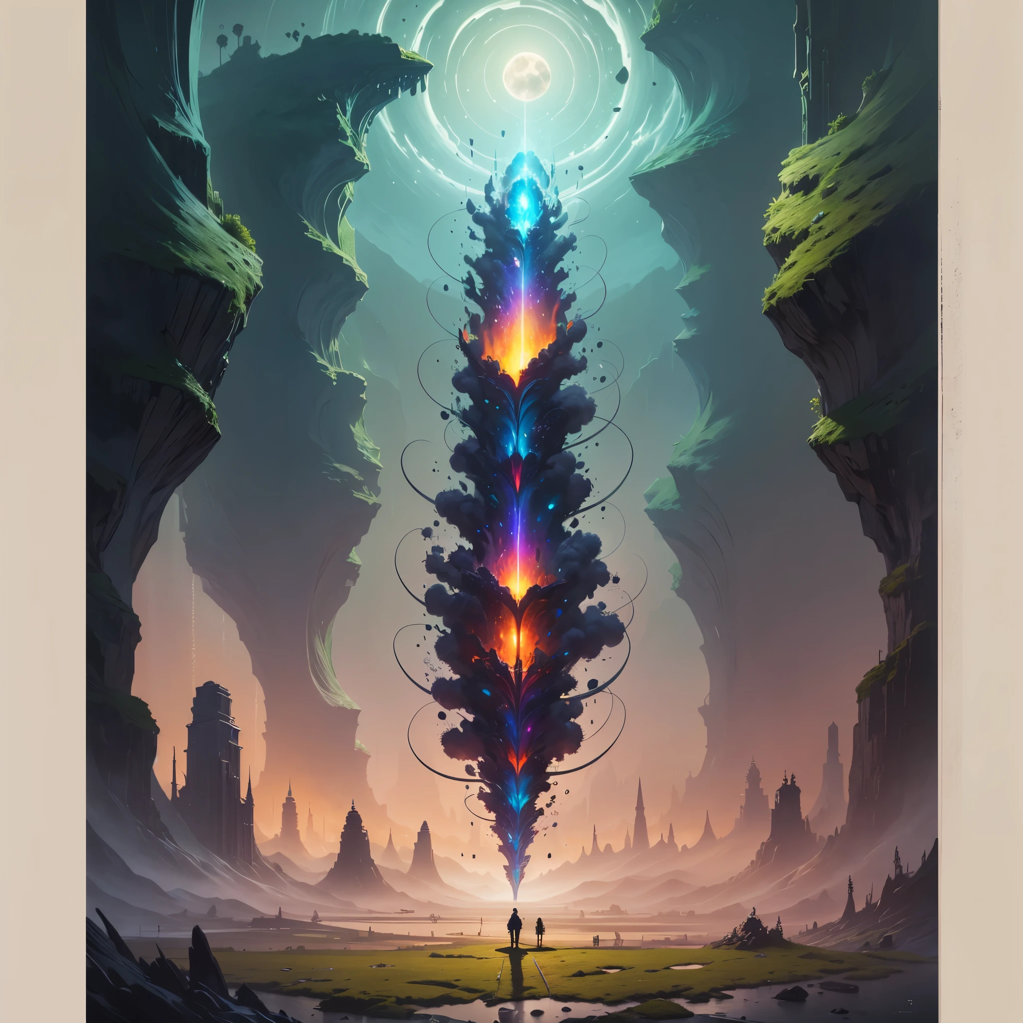 Lost land of otherworldly dreams, fantasy, magic, ink, acrylic, double exposure, mythological, best quality, night, moon, fog, gloomy, Van Gogh, Craola, Dan Mumford, Andy Kehoe, Miyazaki, patchwork, 2d, flat, cute, adorable, vintage, art on a cracked , , . storybook detailed illustration, cinematic, ultra highly detailed, tiny details, beautiful details, mystical, luminism, vibrant colors, complex background --auto --s2