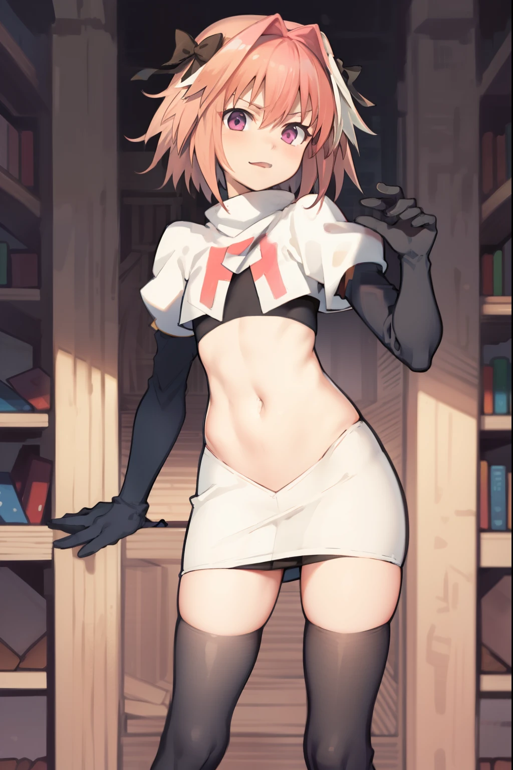absurdres, masterpiece, best quality, (astolfo fate:1.2155), 1boy, male focus, trap, pink multicolored hair, pink hair, white hair, hair intakes, long hair, pink detailed eyes, crossdressing,1boy, team rocket,team rocket uniform, red letter R, white skirt,white crop top,black thigh-highs,black elbow gloves