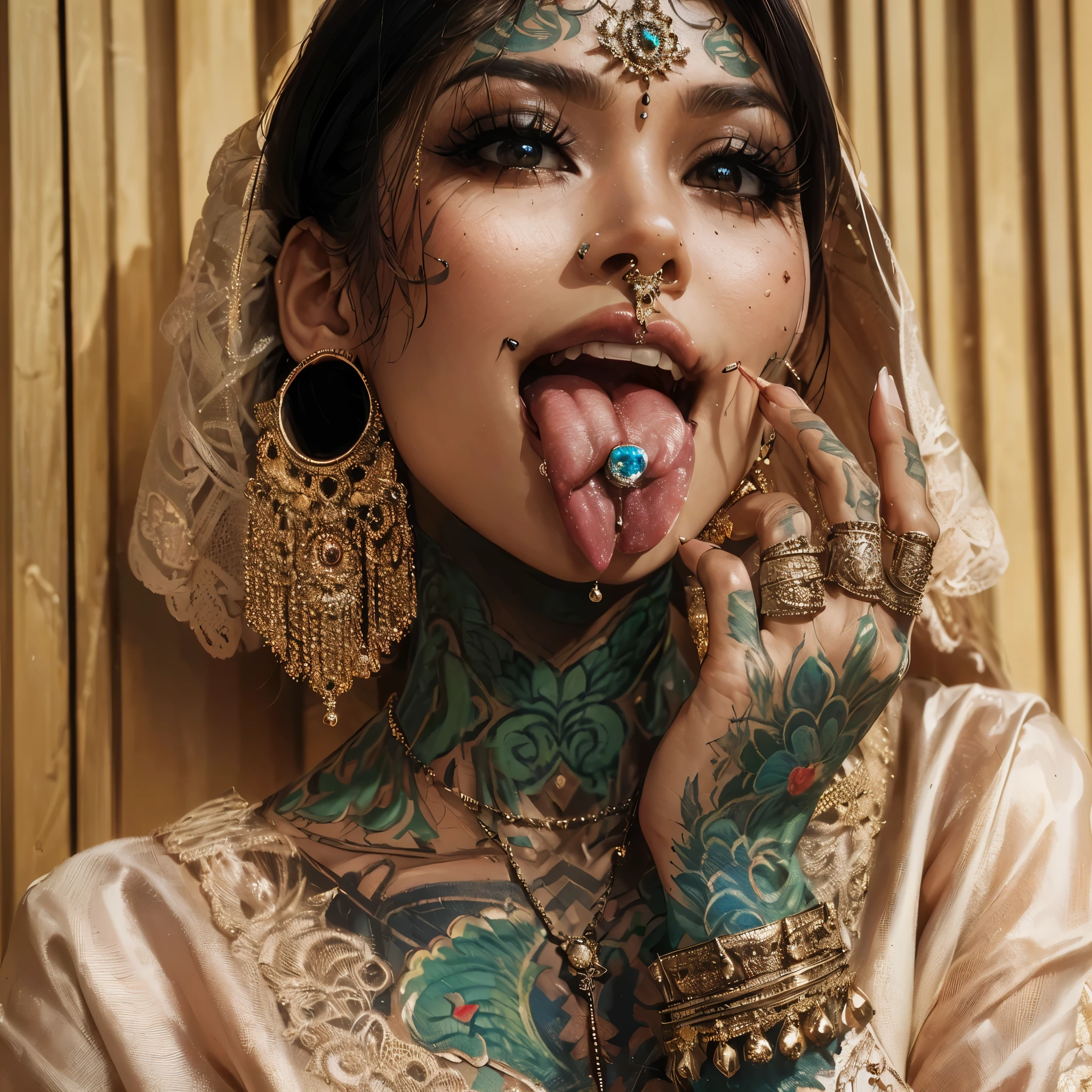 Generate a lady wearing kebaya, showing her tongue with piercing, beautifull, nose piercing, lips piercing, tongue piercing, so many ears piercing, body modification, face tattoo, split tongue, cheek piercing,wearing so many earring, ring, bracelet, necklace, forehead tattoo, masterpiece, best quality:1.2),,(8k,highres,RAW photo,realistic,photo-realistic:1.3),(detailed skin texture,detailed cloth texture,beautiful detailed face:1.25),professional lighting,photon mapping,beautiful soft light,radiosity,physically-based rendering,raytracing, model shoot style, model shoot style, (extremely detailed CG unity 8k wallpaper), full shot body photo of the most beautiful artwork in the world, (((nsfw))), ((expensive camera photoshoot))