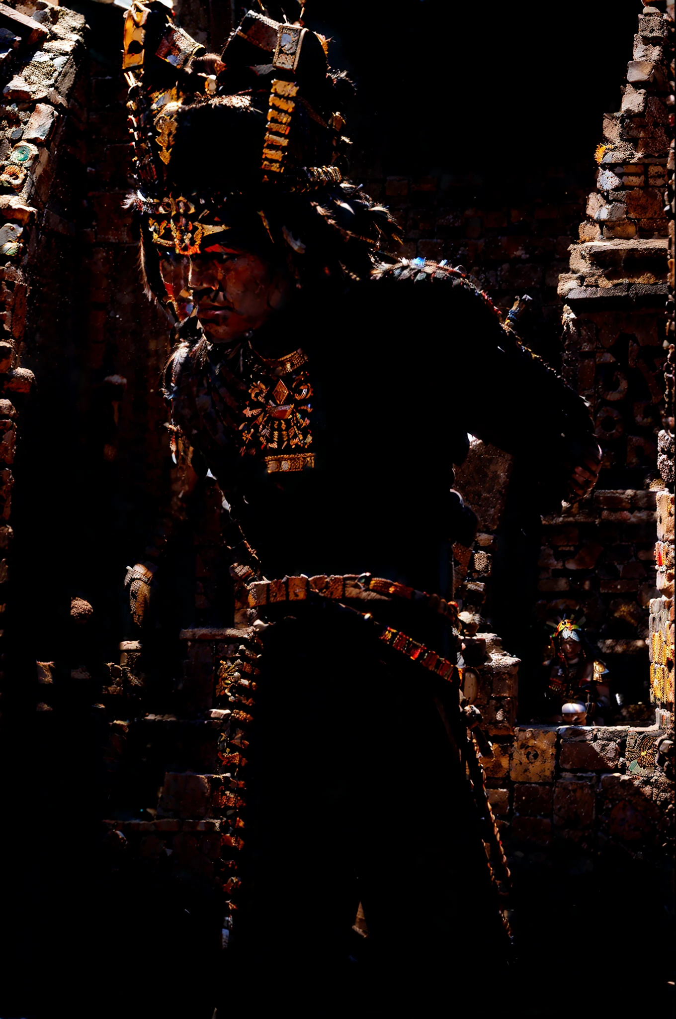 Characters: Aztec elite priests and warriors, Description: Engaged in a ritualistic human sacrifice, Era: Pre-Columbian Mesoamerica, Clothing: Elaborate feathered headdresses and jade jewelry, Location: The Templo Mayor in Tenochtitlán, Action: Performing a ceremonial dance, Background: Pyramids and vibrant marketplaces, Shot Type: Close-up capturing intricate details, Style: Hyper-realistic photo realism, Cinematography: Focused on dramatic lighting and shadows --ar 09:16