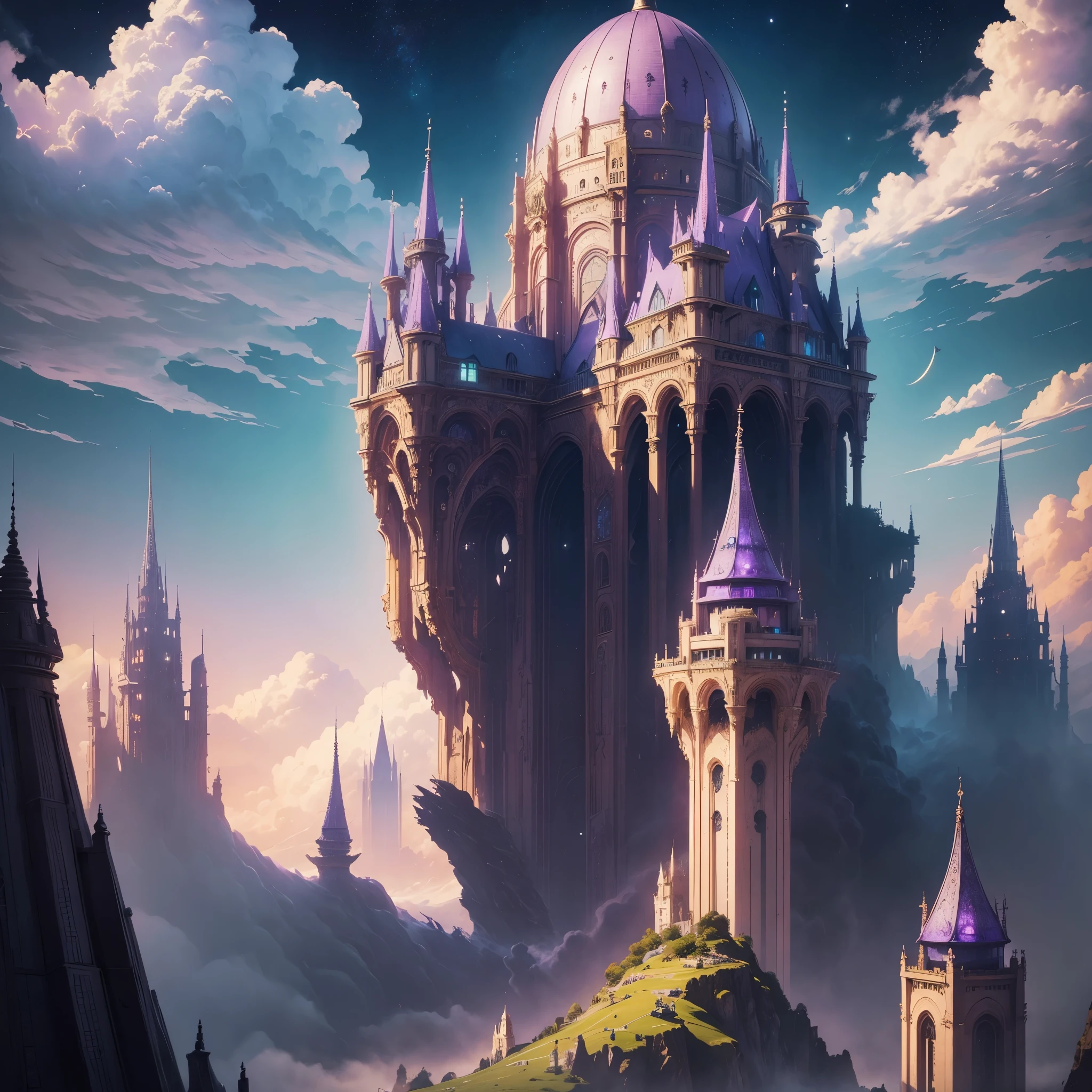 ((master piece)), best quality, (8k, best quality, masterpiece:1.2), ultra-detailed, illustration, big fantasy city, Science fiction, ethereal city, Floating city, many planets in the skies, clouds around, celestial architecture, purple energy scarring around, Giant castle in the center, astral skies