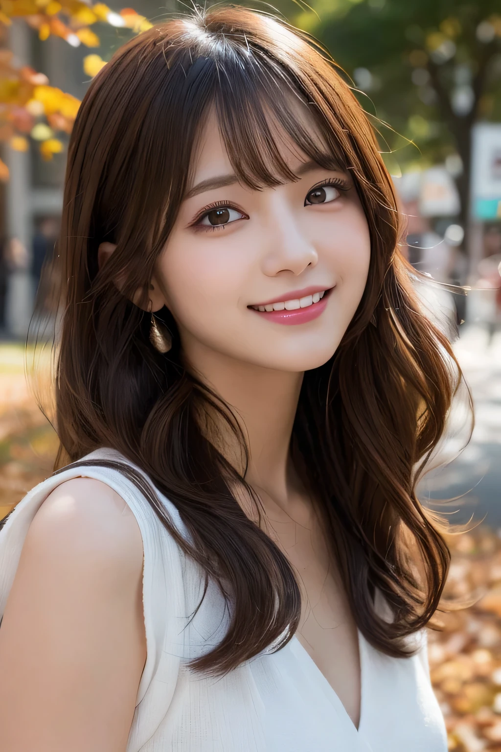 masutepiece, Best Quality, Illustration, Ultra-detailed, finely detail, hight resolution, 8K Wallpaper, Perfect dynamic composition, Beautiful detailed eyes, Autumn Women's Fashion,waved hair,small tits、Natural Color Lip, Bold sexy poses,Smile,Harajuku、20 years girl、Cute、Sexy shot looking at camera