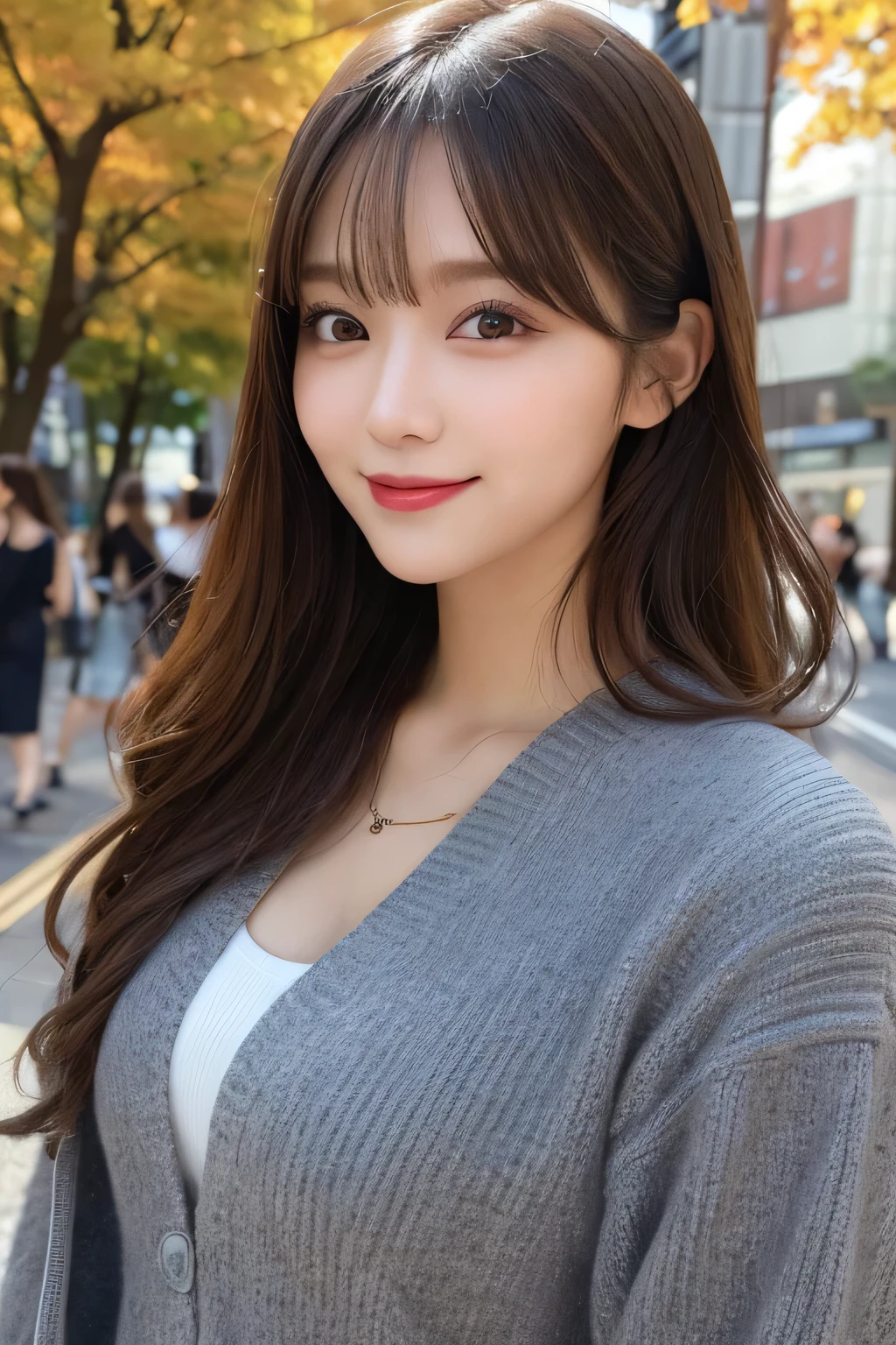 masutepiece, Best Quality, Illustration, Ultra-detailed, finely detail, hight resolution, 8K Wallpaper, Perfect dynamic composition, Beautiful detailed eyes, Autumn Women's Fashion,waved hair,small tits、Natural Color Lip, Bold sexy poses,Smile,Harajuku、20 years girl、Cute、Sexy shot looking at camera