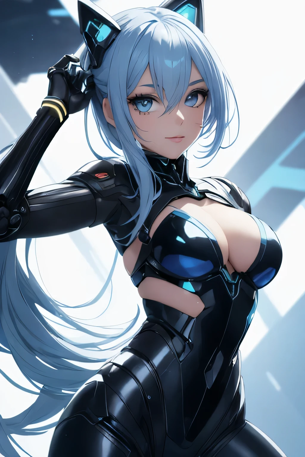 anime girl with blue hair and black overalls posing for the camera, android perfeita, meninague bonito, biomechanical oppai, mulher ciborgue perfeita do anime, oppai cyberpunk, Melhor Anime 4K Konachan Wallpaper, Estilo anime 4K, beautiful female android!, android heroine, Ciborgue - Menina com cprateado, anime manga robot!! menina anime