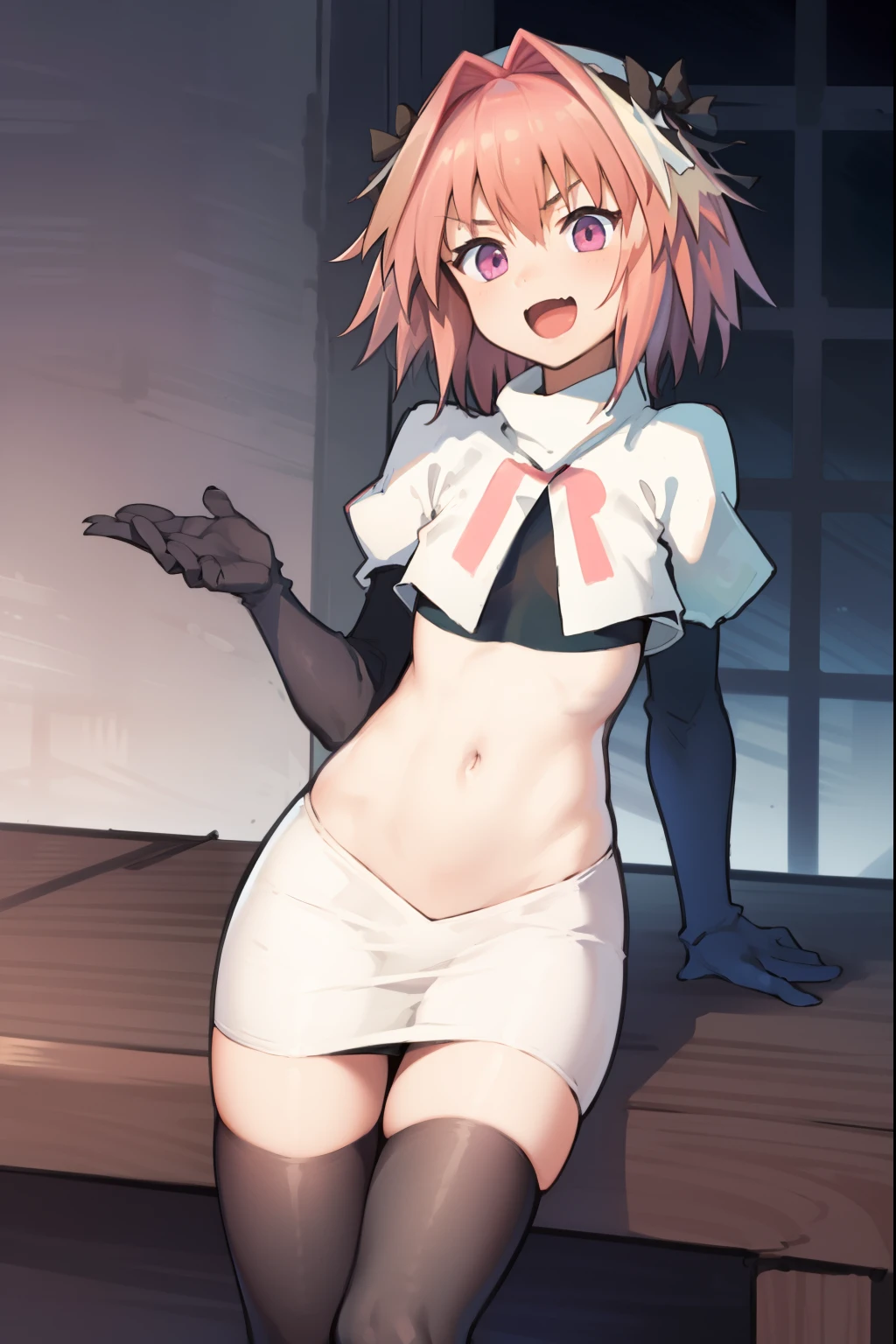 absurdres, masterpiece, best quality, (astolfo fate:1.2155), 1boy, male focus, trap, pink multicolored hair, pink hair, white hair, hair intakes, long hair, pink detailed eyes, crossdressing,1boy, team rocket,team rocket uniform, red letter R, white skirt,white crop top,black thigh-highs,black elbow gloves