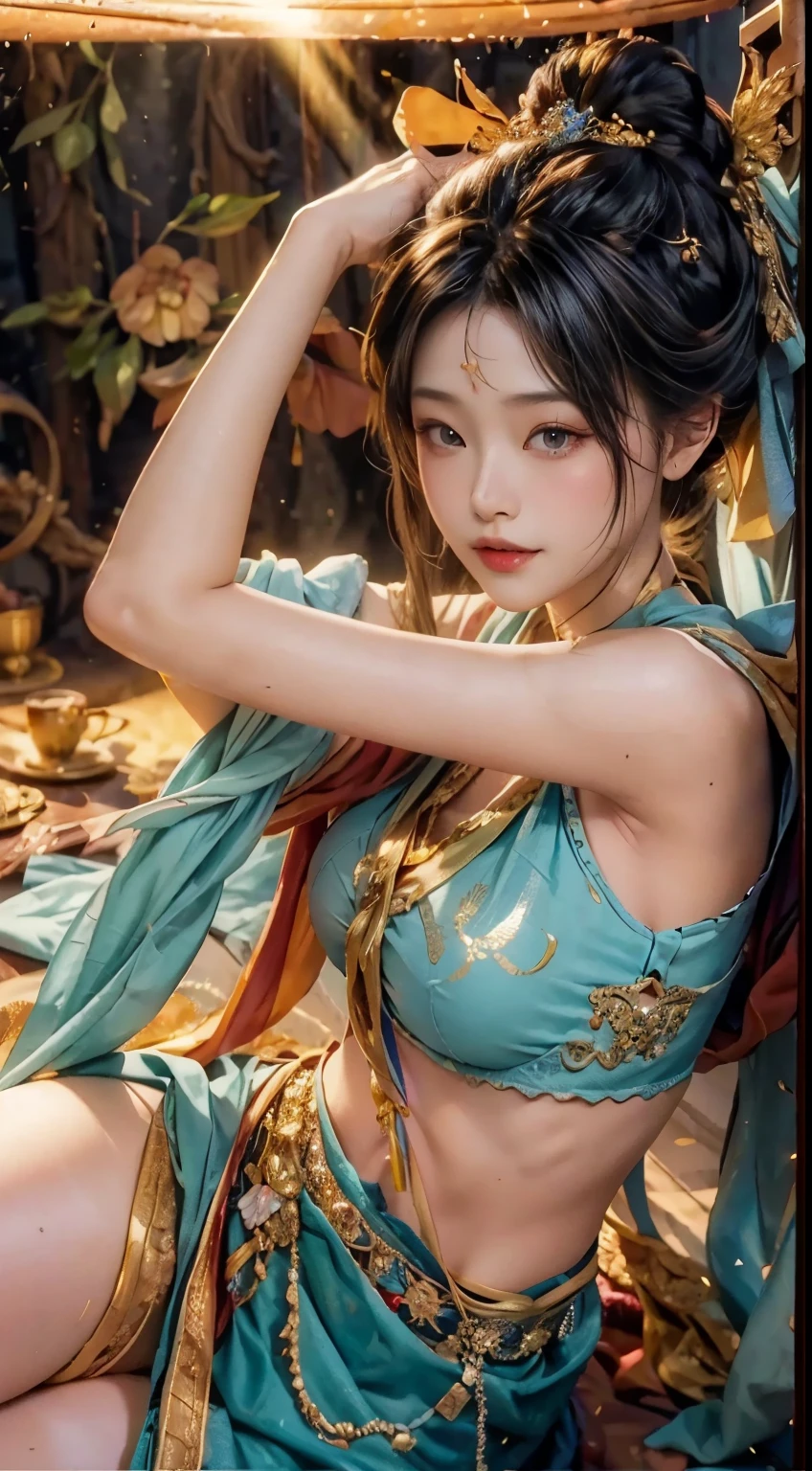 (absurd, high resolution, super detailed), 1girl, shy, shy, gentle sweet girl, intricate details, enlarged textures, intricate details, fine eyes and detailed face, intricate details, gray hair, flowing hair, no hands, huge boobs, perfect boobs, areola, (shut up), (perfect eyes, equal eyes), complex damask hanfu, transparent clothes, bare shoulders, belly button, miniskirt, super realistic, realistic photos,