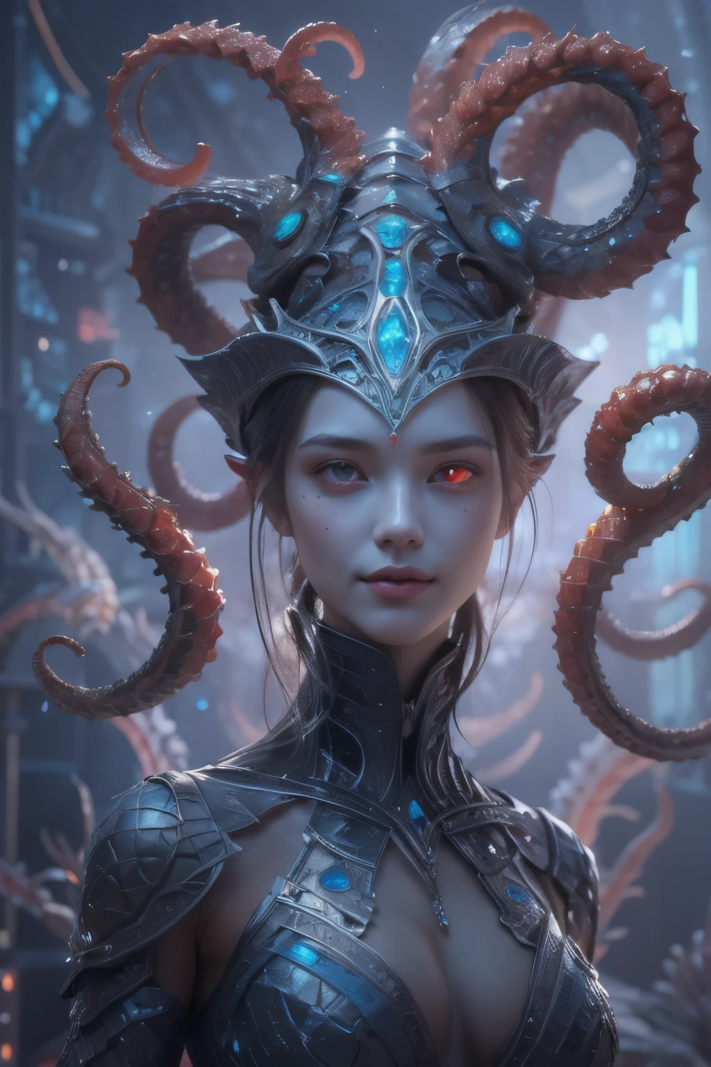 Portrait, (beautiful female alien:1.2), (she has red eyes with no pupils:1.8), (Translucent skin:1.7), (There is a female genital-like organ in the middle of the forehead.:1.9), (The most beautiful face in the history of the universe:1.2),an evil gaze that seduces, (large mouth:1.1), (sharp teeth like a vampire:1.2), Full body like, (bio luminescent:1.5), (Smile wickedly:1.3), (sexypose:1.5), alien, No humans, cells are fused, (Lots of translucent tentacles:1.3) extraterrestrial, cell, bio image, Best Quality, 8K,4K_quality, High Definition, Dramatic Lighting, masutepiece:1.5,cinematic quality, detail up, (Intricate details:1.2), High resolution, High Definition, drawing faithfully, (Thick eyebrows:1.2), Beautiful eyes with fine symmetry,(Highly detailed face and eyes:1.2), Intimate face, (Super detailed skin quality feeling:1.4), Perfect Anatomy, (Beautiful toned body:1.5), (Moist skin:1.2), No makeup, (dark circles:1.1), long canines, cinematic drawing of characters, ultra high quality model, cinematic quality, detail up, (Intricate details:1.2), High resolution, High Definition, drawing faithfully, Official art, Unity 8K wall , 8K Portrait, Best Quality, Very High resolution, ultra detailed artistic photography, midnight aura, unreal enginee 5, Ultra Sharp Focus, art by alberto seveso, ArtGerm, Roisch, intricate artwork, best quality, masutepiece, ultra High resolution, (photos realistic:1.4), Ultra-realistic realism, dream-like, nautilus, Creation of fantasy, Snail, Dream Snail, biopunk nautilus, Thrilling color schemes, Ultra-realistic realism, seductively smiling, Blue tentacles,