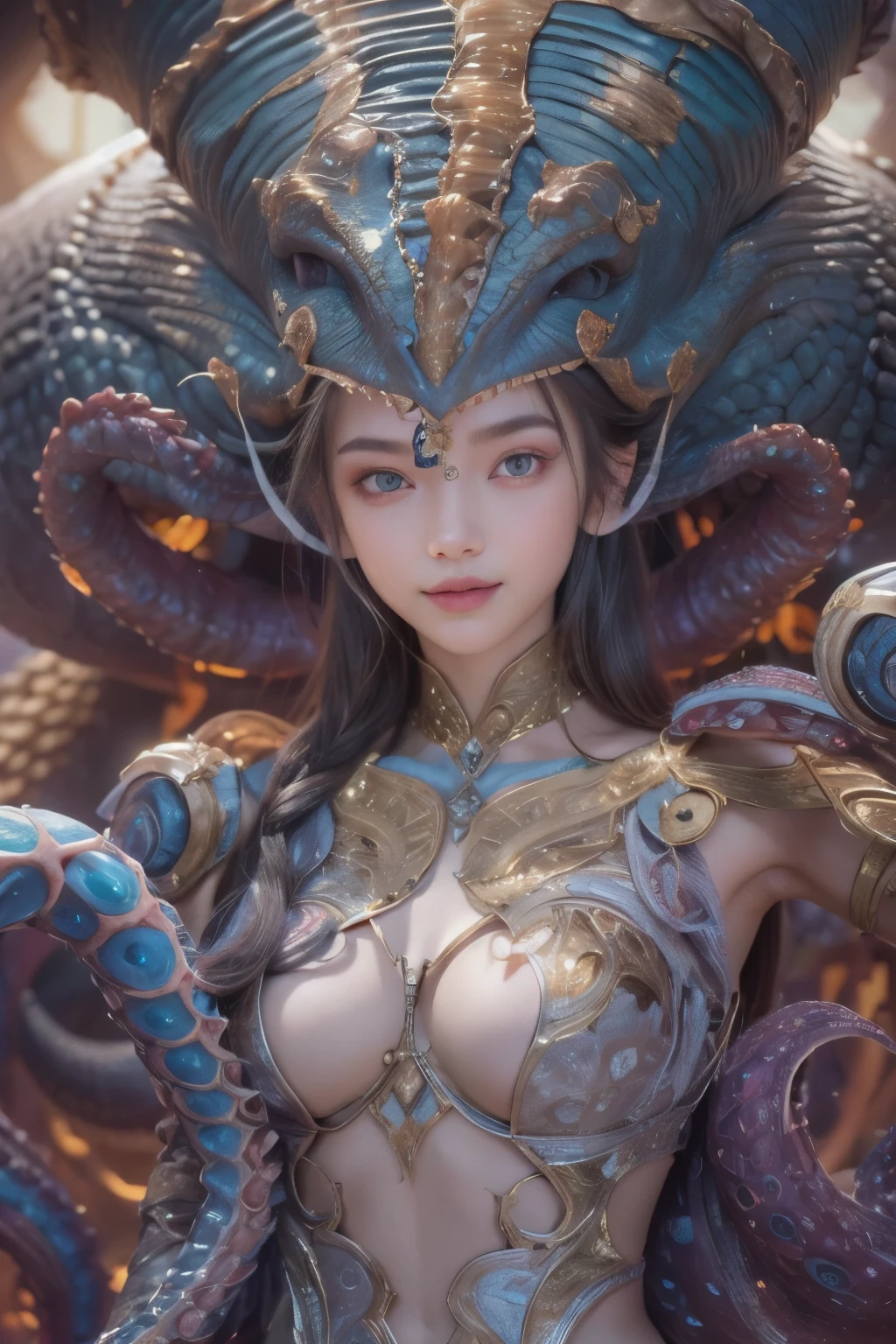 Portrait, (beautiful female alien:1.2), (she has red eyes with no pupils:1.8), (Translucent skin:1.7), (There is a female genital-like organ in the middle of the forehead.:1.9), (The most beautiful face in the history of the universe:1.2),an evil gaze that seduces, (large mouth:1.1), (sharp teeth like a vampire:1.2), Full body like, (bio luminescent:1.5), (Smile wickedly:1.3), (sexypose:1.5), alien, No humans, cells are fused, (Lots of translucent tentacles:1.3) extraterrestrial, cell, bio image, Best Quality, 8K,4K_quality, High Definition, Dramatic Lighting, masutepiece:1.5,cinematic quality, detail up, (Intricate details:1.2), High resolution, High Definition, drawing faithfully, (Thick eyebrows:1.2), Beautiful eyes with fine symmetry,(Highly detailed face and eyes:1.2), Intimate face, (Super detailed skin quality feeling:1.4), Perfect Anatomy, (Beautiful toned body:1.5), (Moist skin:1.2), No makeup, (dark circles:1.1), long canines, cinematic drawing of characters, ultra high quality model, cinematic quality, detail up, (Intricate details:1.2), High resolution, High Definition, drawing faithfully, Official art, Unity 8K wall , 8K Portrait, Best Quality, Very High resolution, ultra detailed artistic photography, midnight aura, unreal enginee 5, Ultra Sharp Focus, art by alberto seveso, ArtGerm, Roisch, intricate artwork, best quality, masutepiece, ultra High resolution, (photos realistic:1.4), Ultra-realistic realism, dream-like, nautilus, Creation of fantasy, Snail, Dream Snail, biopunk nautilus, Thrilling color schemes, Ultra-realistic realism, seductively smiling, Blue tentacles,